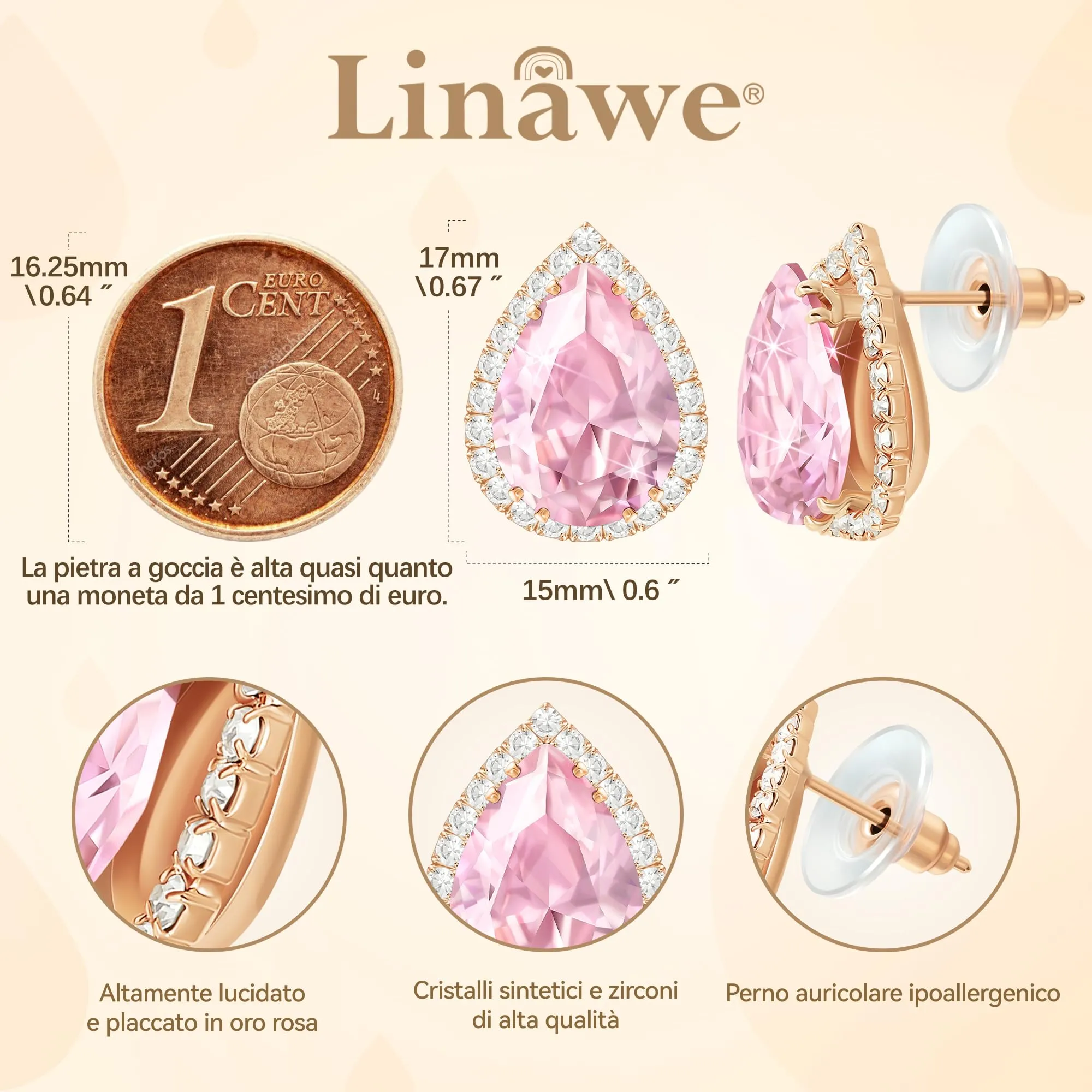 Linawe Orecchini a bottone in oro rosa, Orecchini a bottone rosa, Orecchini con diamanti, Gioielli con diamanti, Set di gioielli ipoallergenici senza nichel, Orecchini gioielli alla moda - immagine 2
