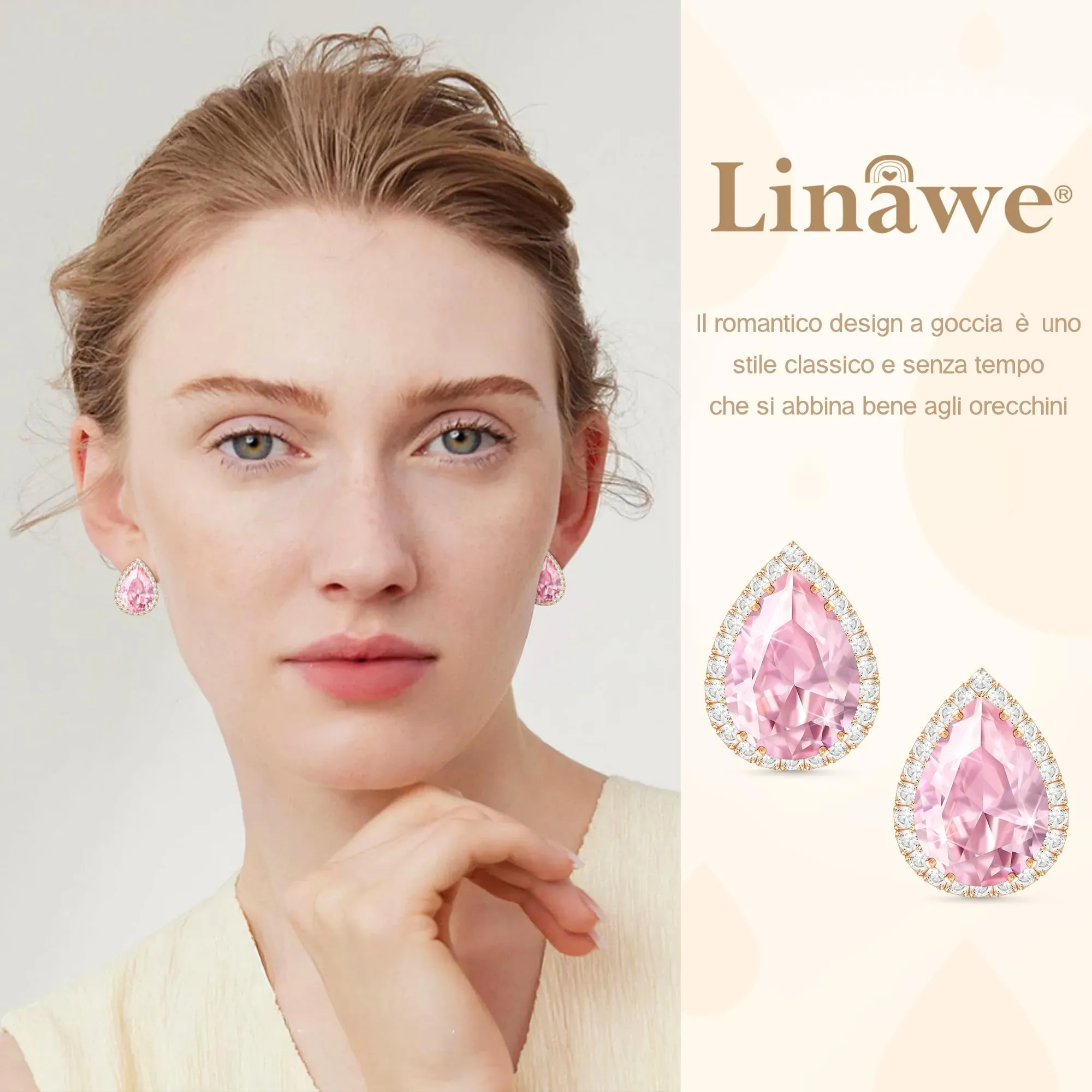 Linawe Orecchini a bottone in oro rosa, Orecchini a bottone rosa, Orecchini con diamanti, Gioielli con diamanti, Set di gioielli ipoallergenici senza nichel, Orecchini gioielli alla moda - immagine 3