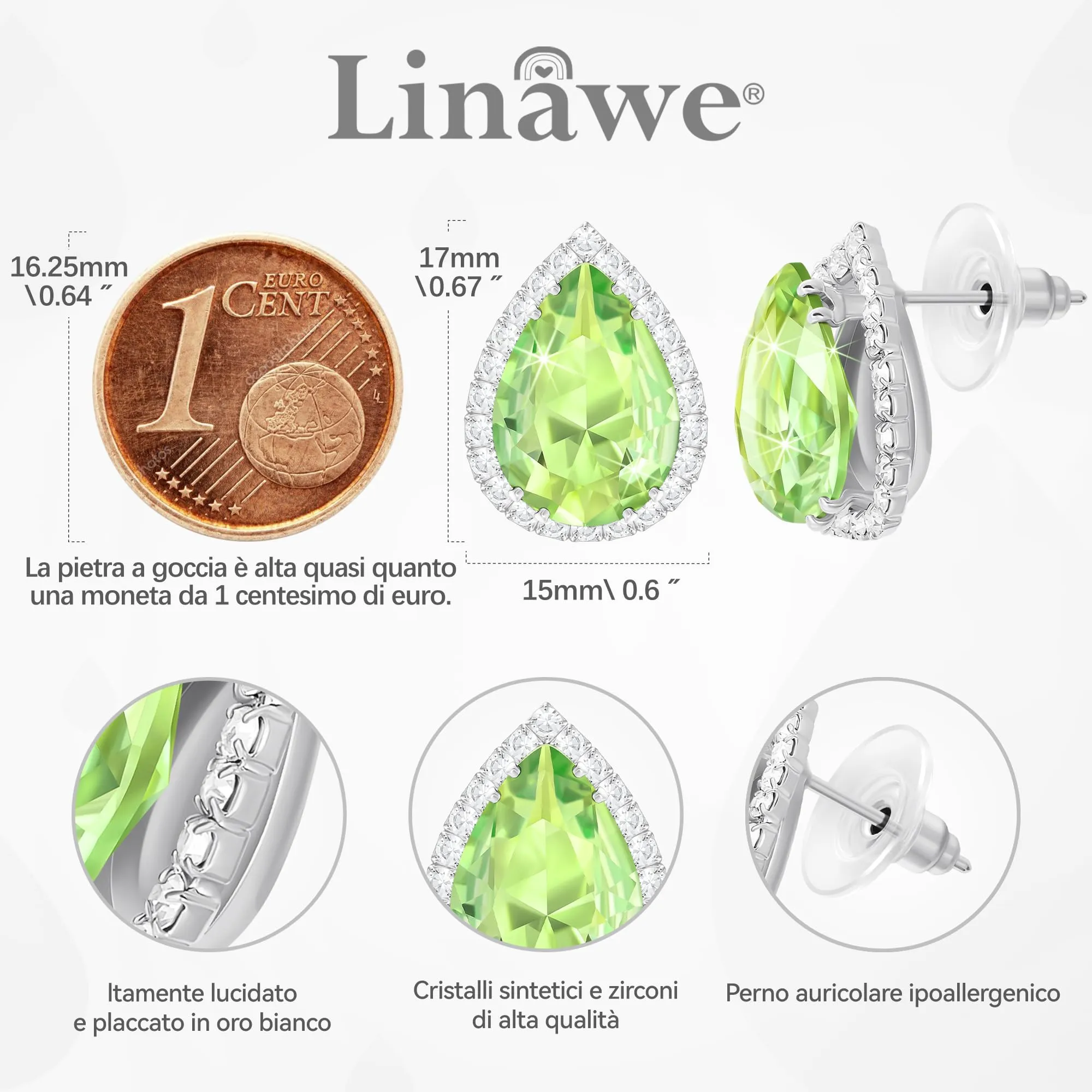 Linawe Orecchini verdi, gioielli alla moda, orecchini in argento, orecchini a bottone da donna, set di gioielli da sposa, orecchini con diamanti, set di orecchini ipoallergenici senza nichel - immagine 2