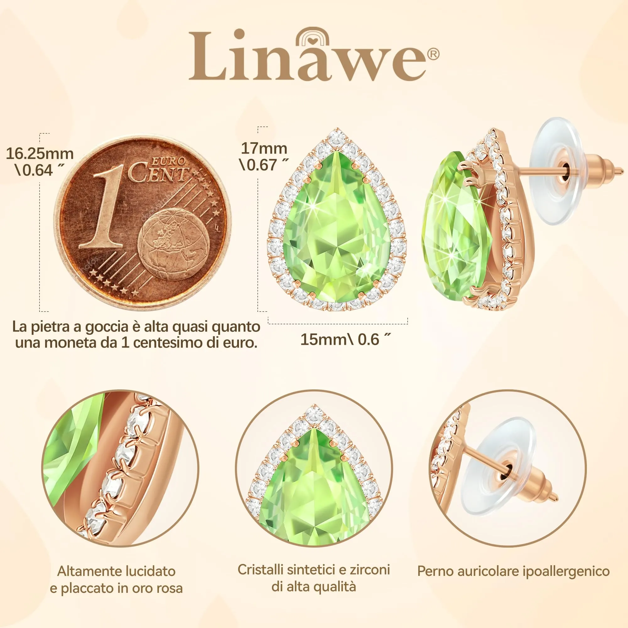 Linawe Orecchini verdi, gioielli di moda in oro rosa, orecchini a bottone, accessori, orecchini da donna, set di gioielli, orecchini da sposa con diamanti, orecchini con diamanti - immagine 2