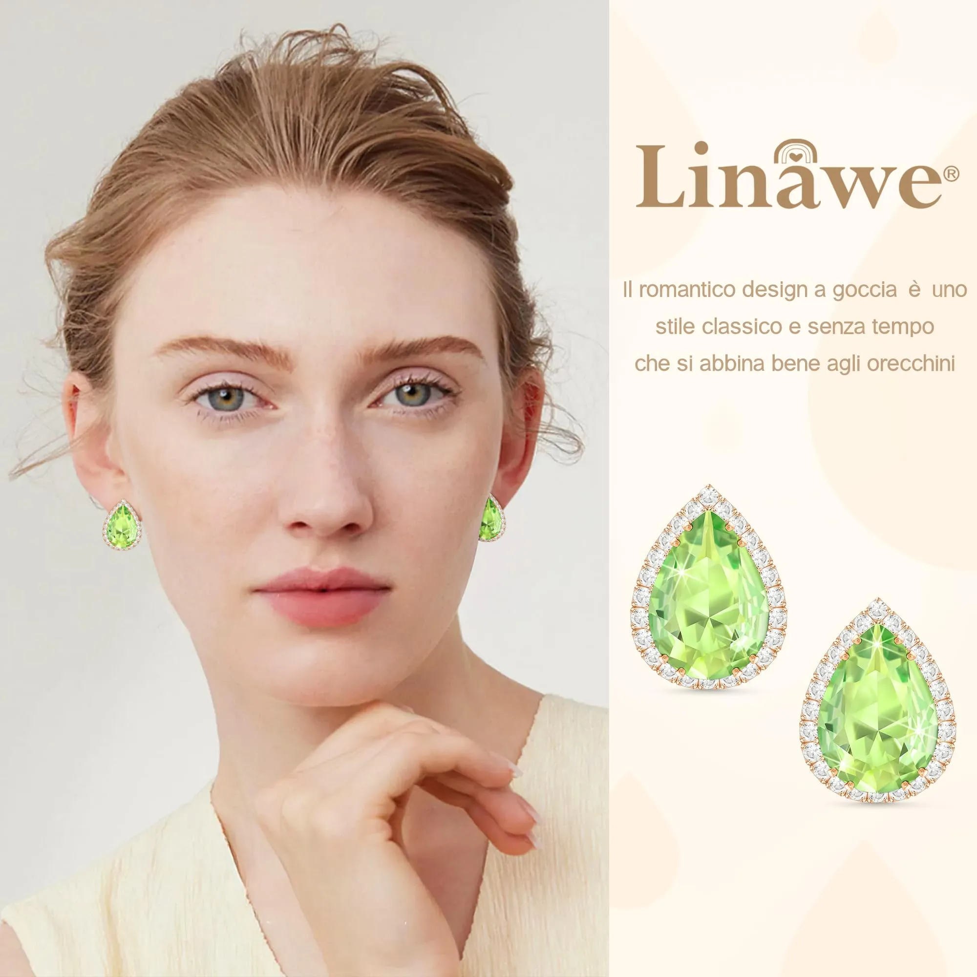 Linawe Orecchini verdi, gioielli di moda in oro rosa, orecchini a bottone, accessori, orecchini da donna, set di gioielli, orecchini da sposa con diamanti, orecchini con diamanti - immagine 3
