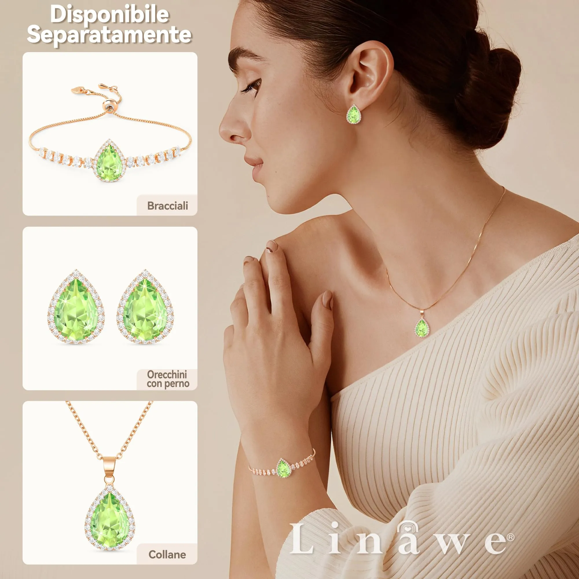 Linawe Orecchini verdi, gioielli di moda in oro rosa, orecchini a bottone, accessori, orecchini da donna, set di gioielli, orecchini da sposa con diamanti, orecchini con diamanti - immagine 4