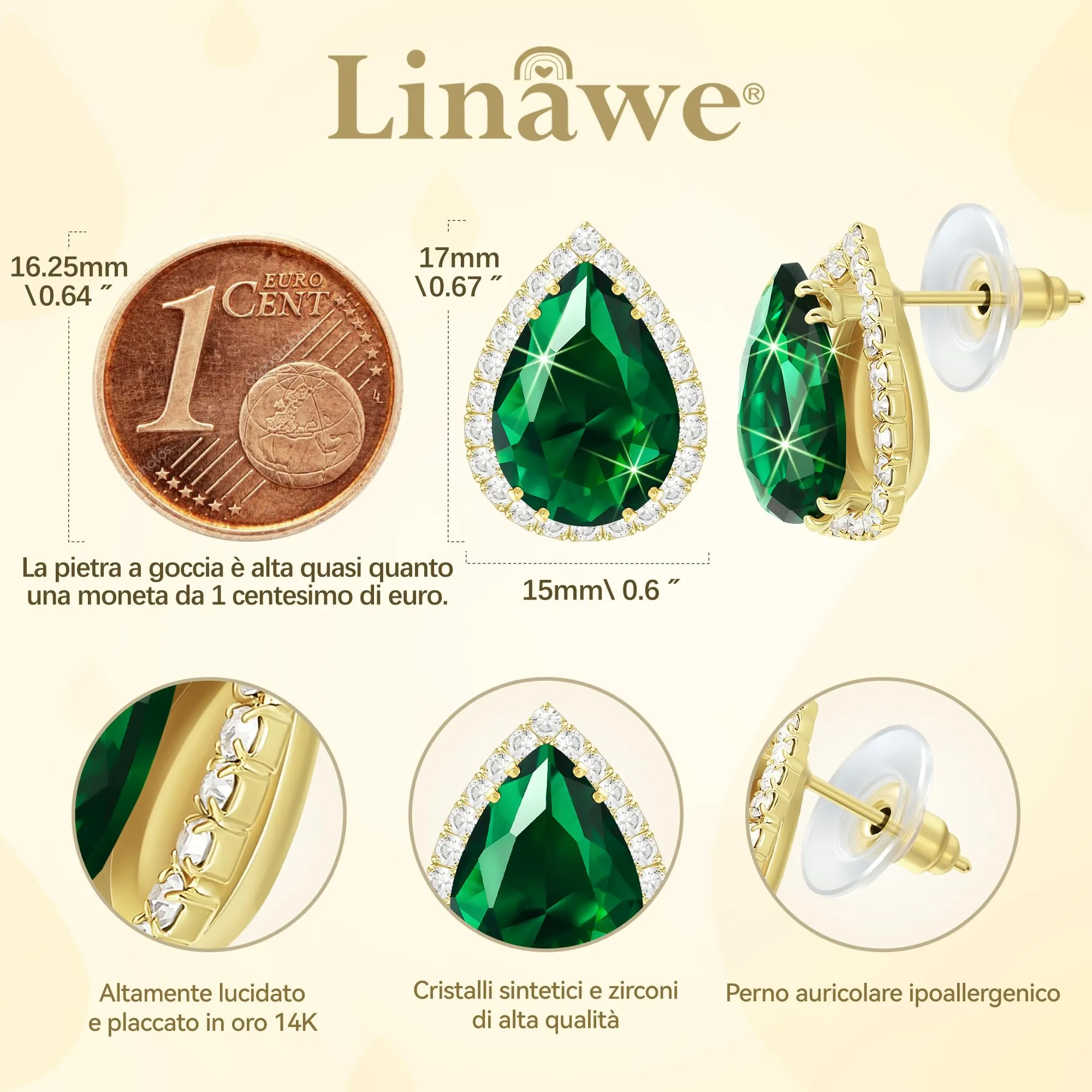 Linawe Orecchini a Bottone Verdi da Donna in Oro Dorato - Set di Gioielli alla Moda Con Diamanti - Ipoallergenici Senza Nichel - immagine 2