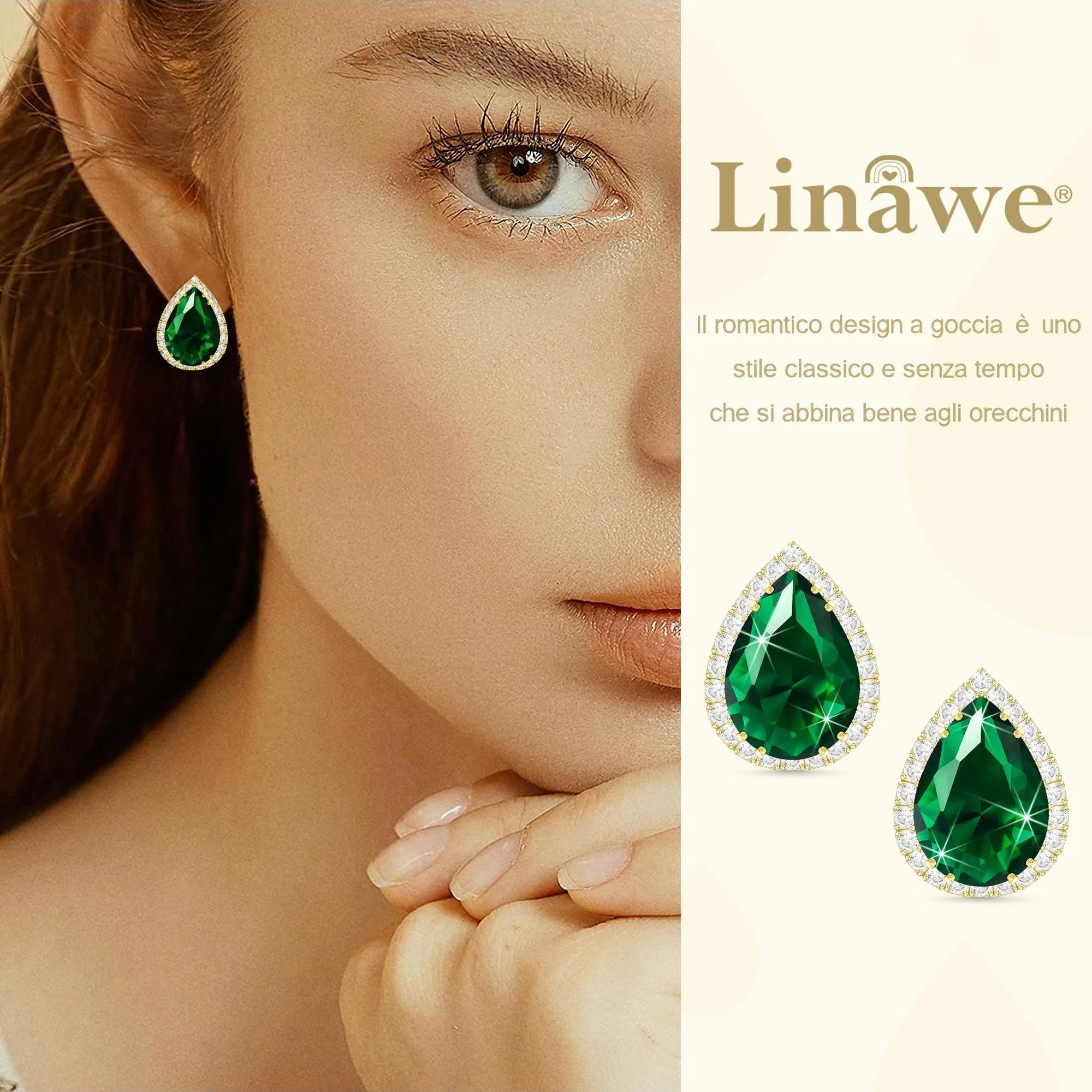 Linawe Orecchini a Bottone Verdi da Donna in Oro Dorato - Set di Gioielli alla Moda Con Diamanti - Ipoallergenici Senza Nichel - immagine 3