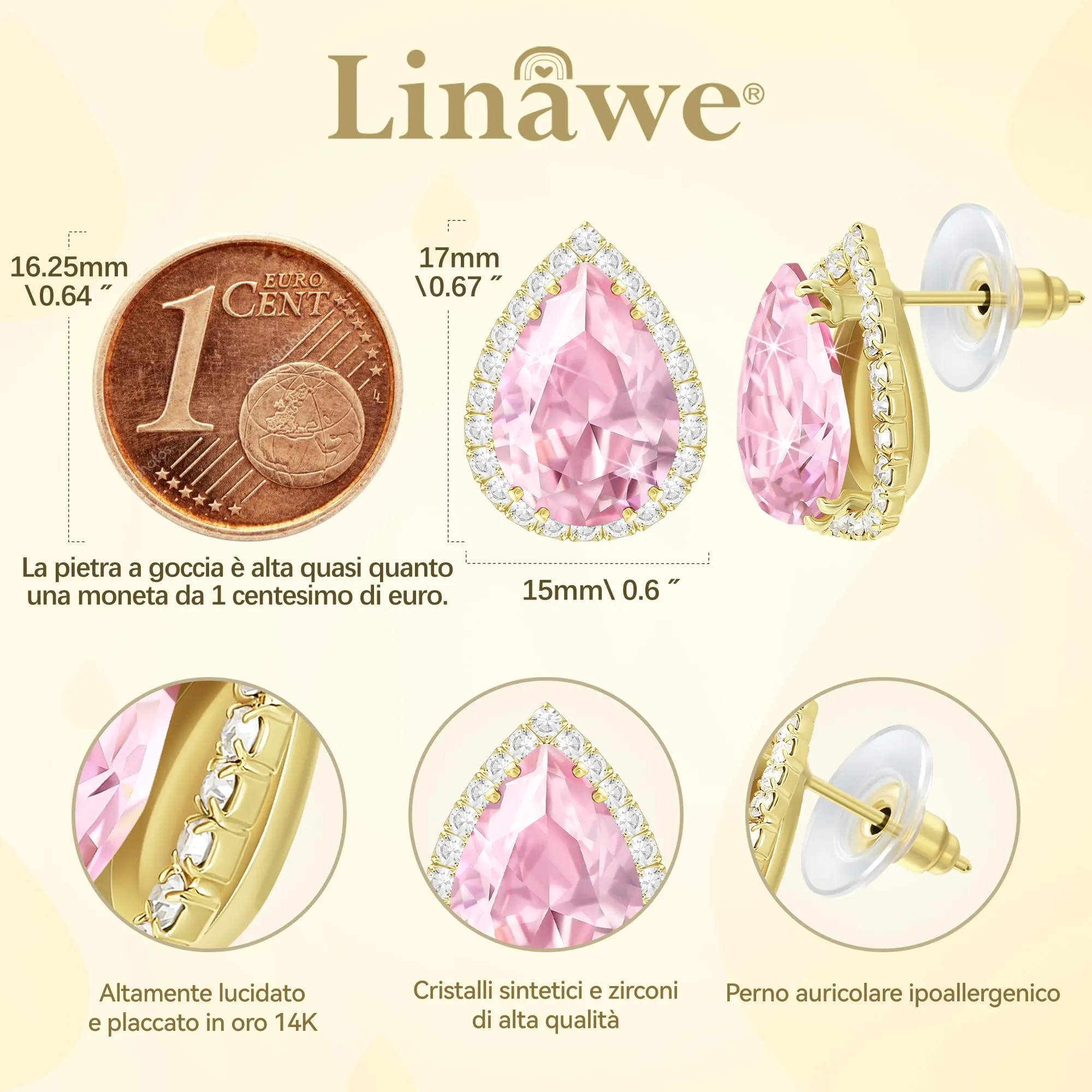 Linawe Orecchini a bottone in oro rosa set di gioielli da donna Orecchini in oro Orecchini ipoallergenici senza nichel con diamanti Gioielli alla moda - immagine 2