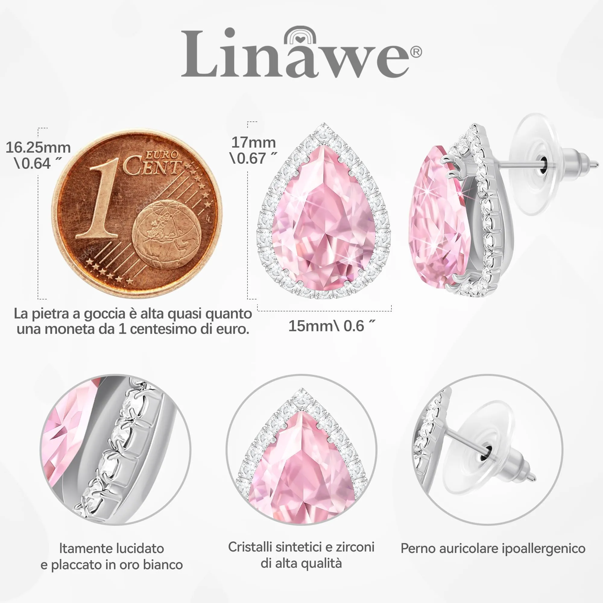 Linawe Orecchini in argento rosa, orecchini a bottone rosa da donna, set di gioielli con diamanti, orecchini ipoallergenici alla moda senza nichel - immagine 2