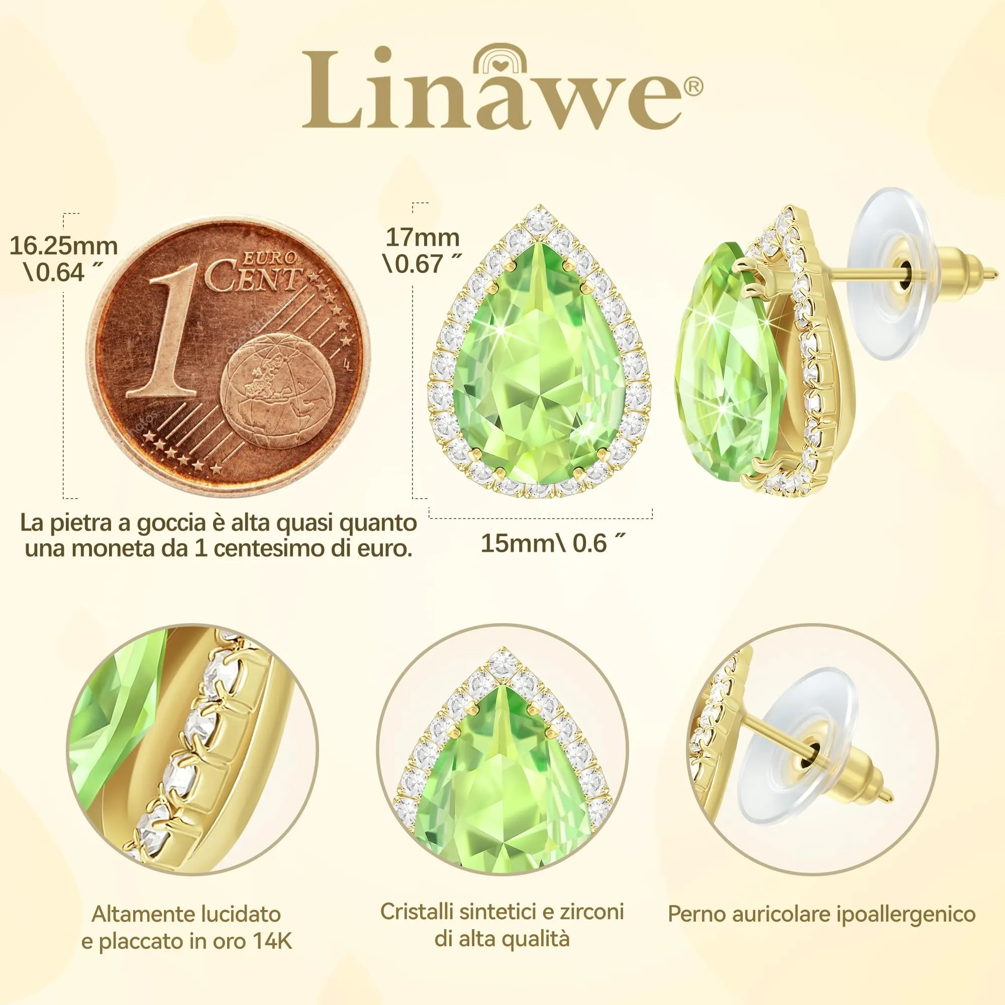 Linawe Orecchini a bottone con diamanti verdi verdi, orecchini da donna, set di gioielli in oro, orecchini in oro da sposa, orecchini di moda senza nichel - immagine 2
