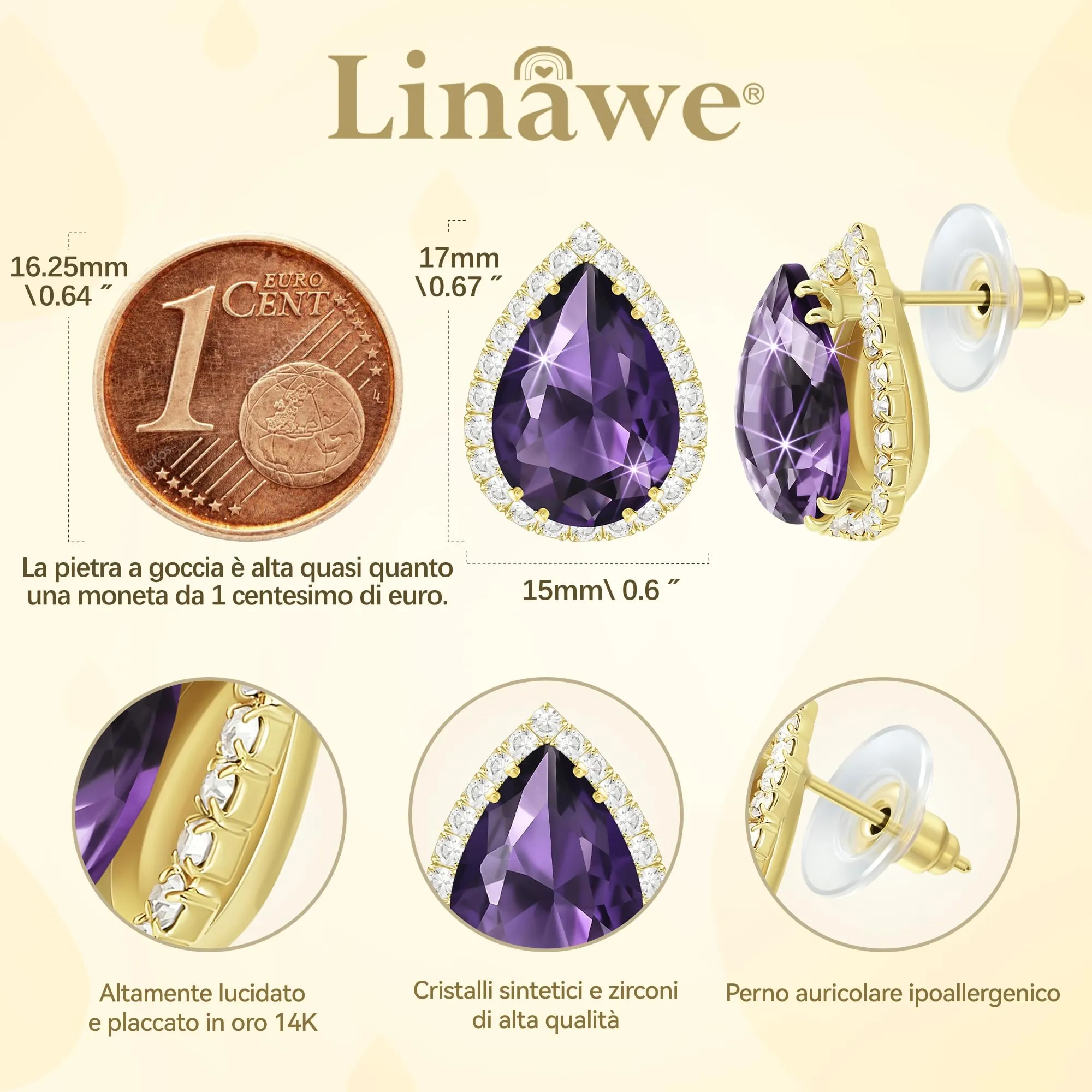 Linawe Orecchini in oro viola, orecchini, orecchini a bottone, donna, set di gioielli, orecchini dorati da sposa, diamanti, gioielli alla moda - immagine 2