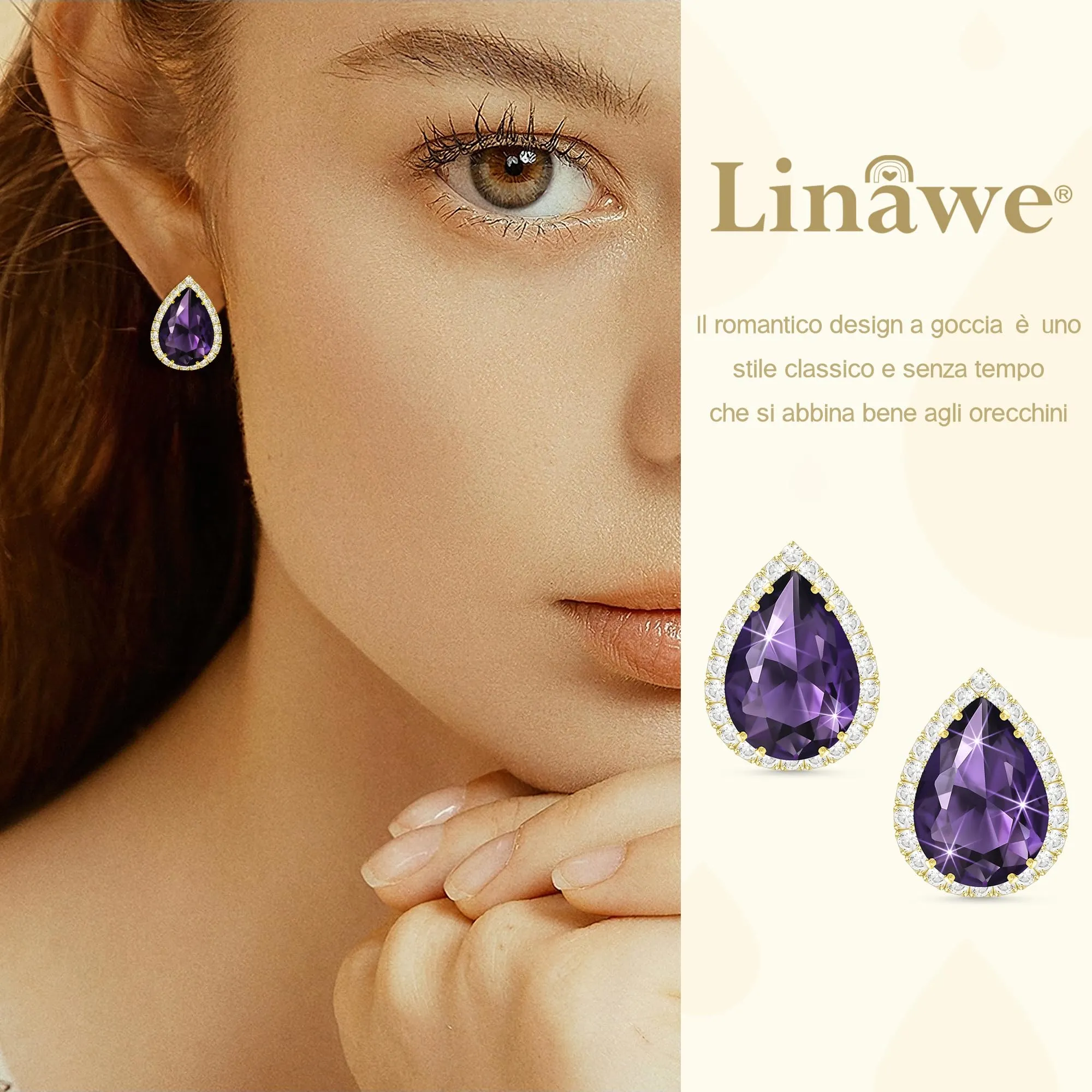 Linawe Orecchini in oro viola, orecchini, orecchini a bottone, donna, set di gioielli, orecchini dorati da sposa, diamanti, gioielli alla moda - immagine 3