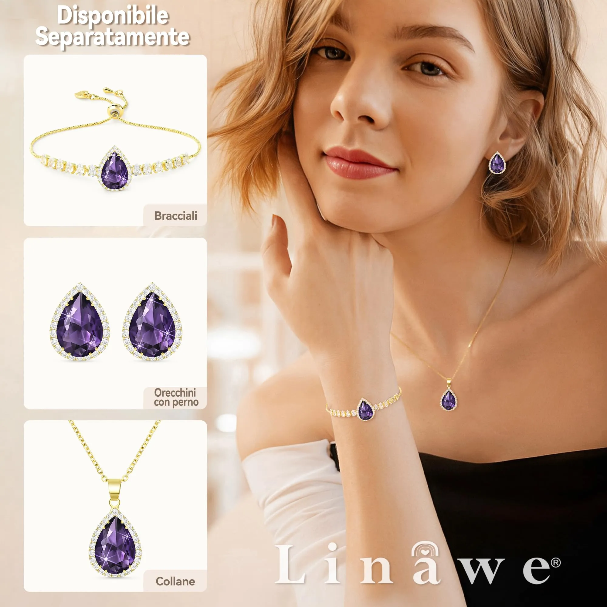 Linawe Orecchini in oro viola, orecchini, orecchini a bottone, donna, set di gioielli, orecchini dorati da sposa, diamanti, gioielli alla moda - immagine 4