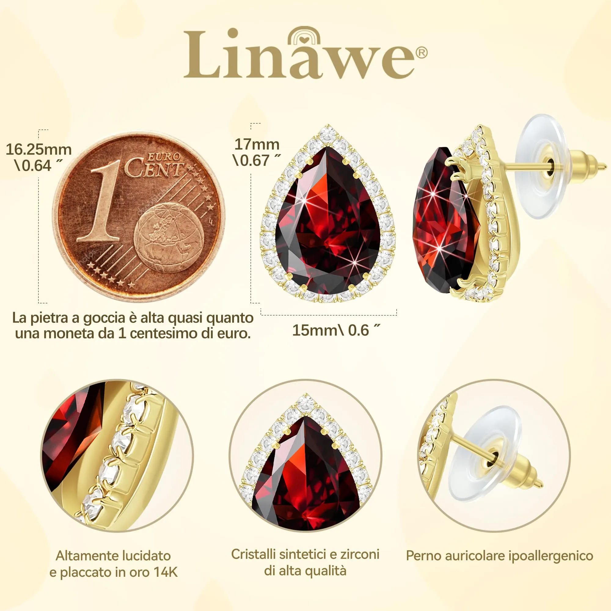 Linawe Orecchini a bottone in oro, diamanti rossi, orecchini a bottone per donna, set di gioielli con orecchini, orecchini da sposa in oro, orecchini di moda senza nichel - immagine 2