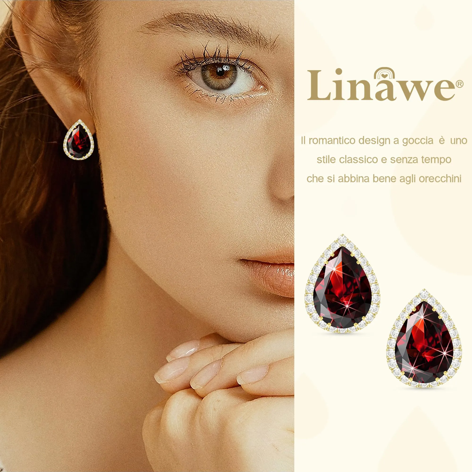Linawe Orecchini a bottone in oro, diamanti rossi, orecchini a bottone per donna, set di gioielli con orecchini, orecchini da sposa in oro, orecchini di moda senza nichel - immagine 3