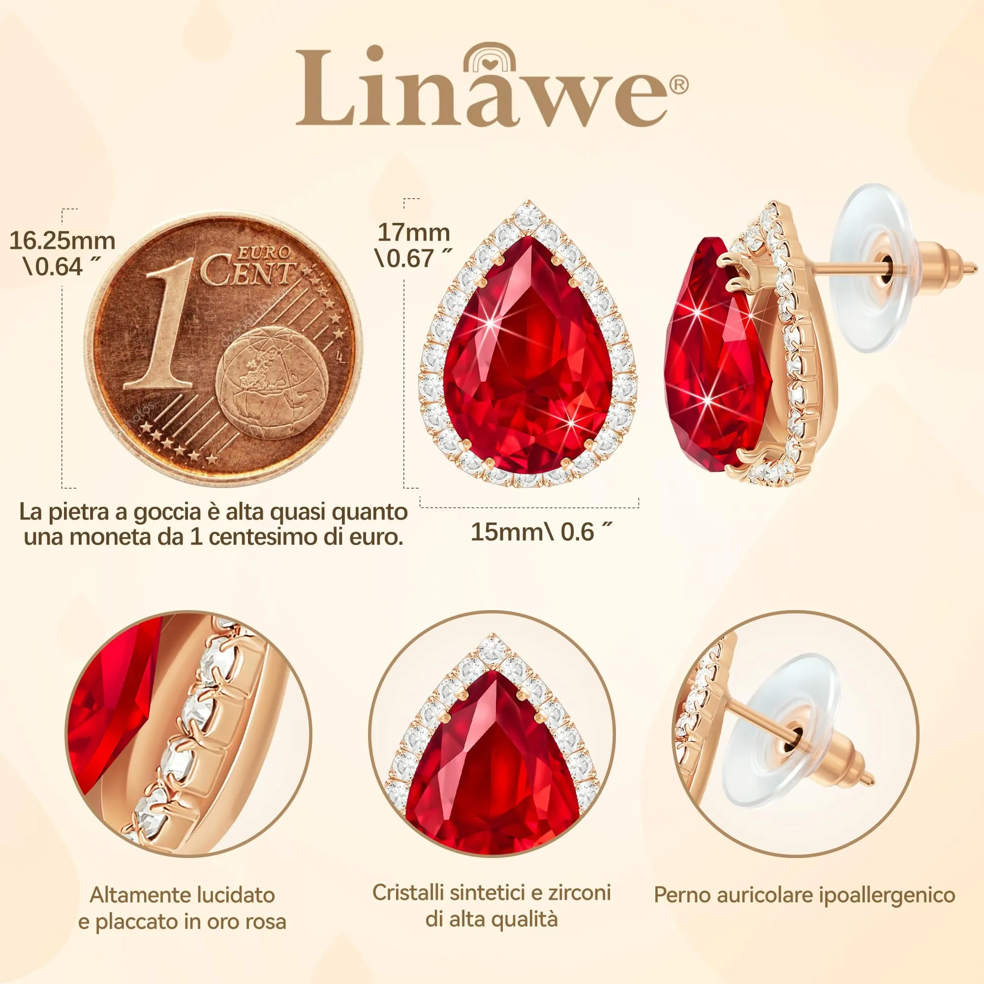 Linawe Set di orecchini in oro rosa rosso, set di gioielli da donna, accessori, gioielli nuziali alla moda senza nichel, orecchini a bottone con diamanti - immagine 2