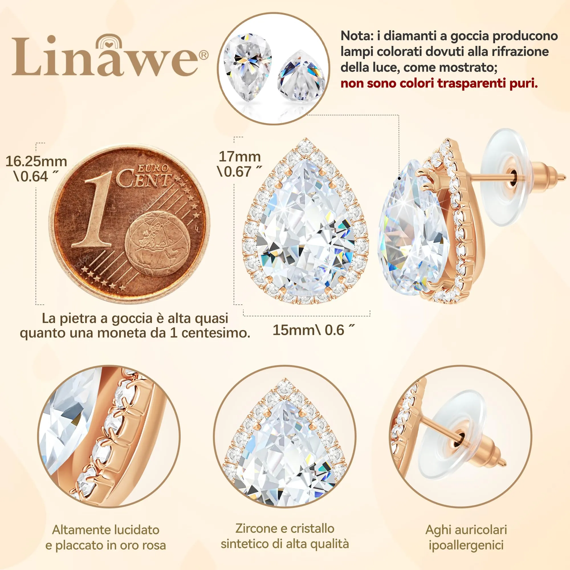 Linawe Orecchini a bottone da donna in oro rosa con diamanti, orecchini da donna, set di gioielli senza nichel, orecchini accessori da sposa - immagine 2