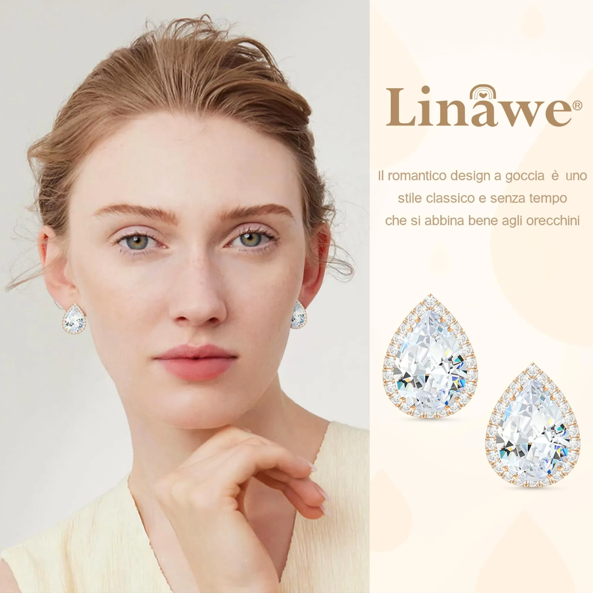 Linawe Orecchini a bottone da donna in oro rosa con diamanti, orecchini da donna, set di gioielli senza nichel, orecchini accessori da sposa - immagine 3