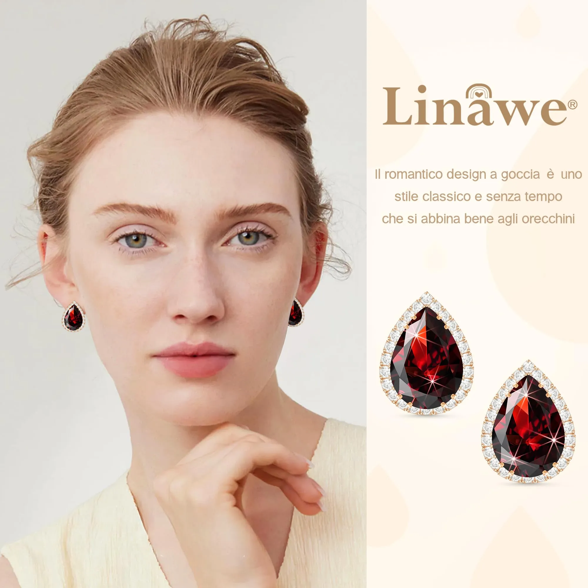 Linawe Orecchini in oro rosa rosso, orecchini a bottone da donna, set di gioielli, orecchini ipoallergenici alla moda senza nichel, orecchini con diamanti - immagine 3