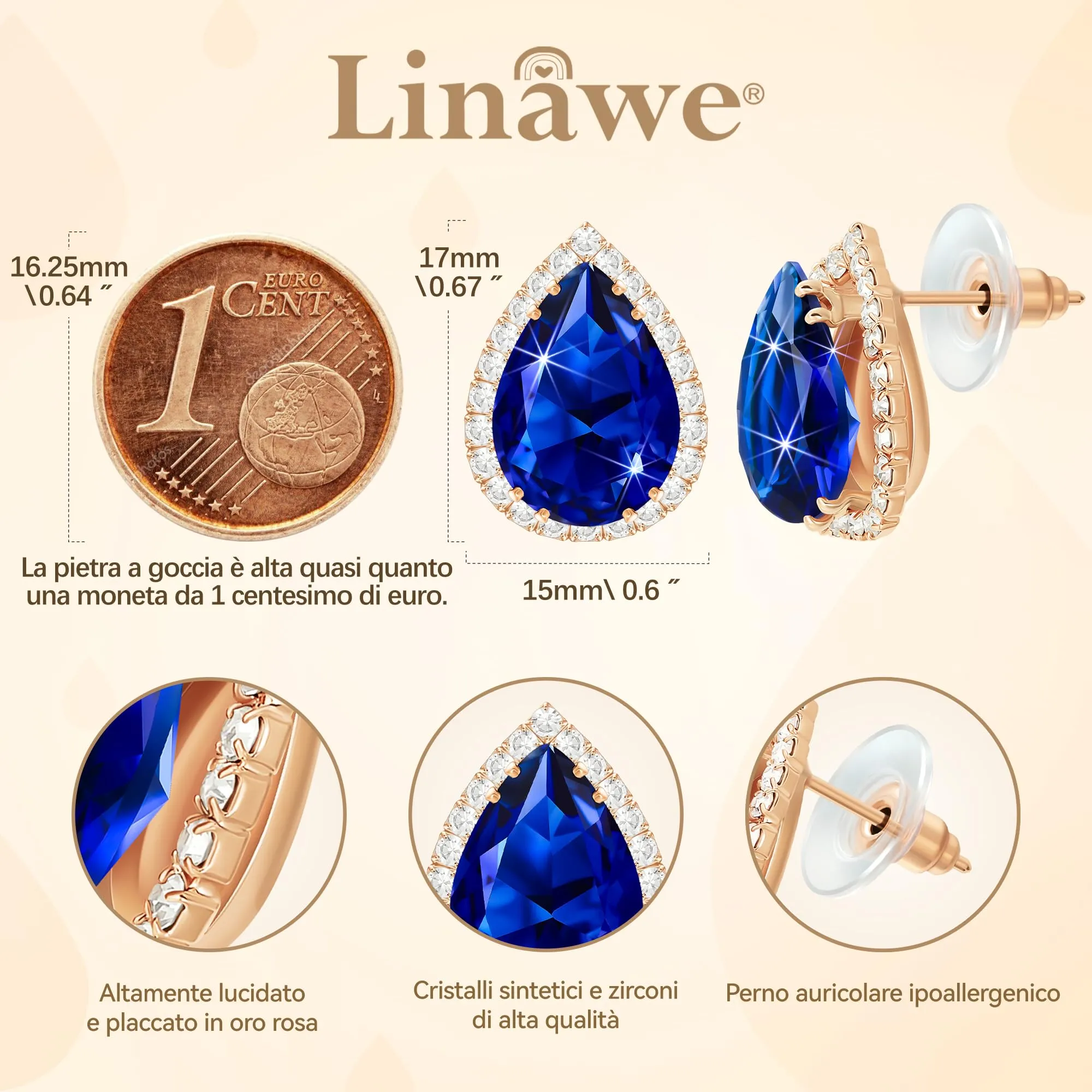 Linawe Orecchini con pietre blu, orecchini a bottone in oro rosa, orecchini da donna con diamanti blu, set di gioielli senza nichel - immagine 2