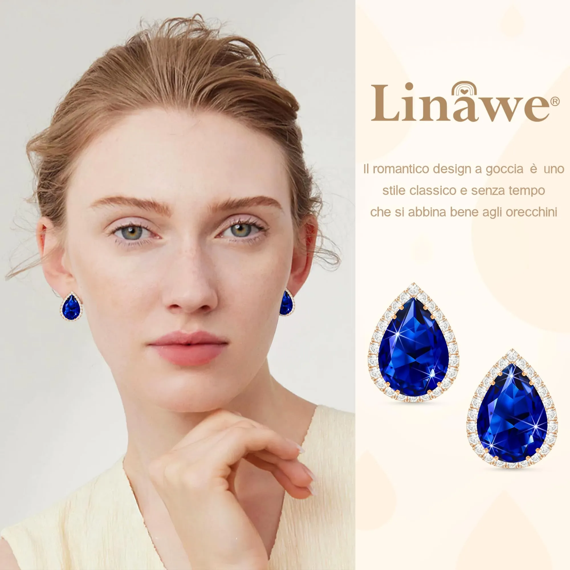Linawe Orecchini con pietre blu, orecchini a bottone in oro rosa, orecchini da donna con diamanti blu, set di gioielli senza nichel - immagine 3