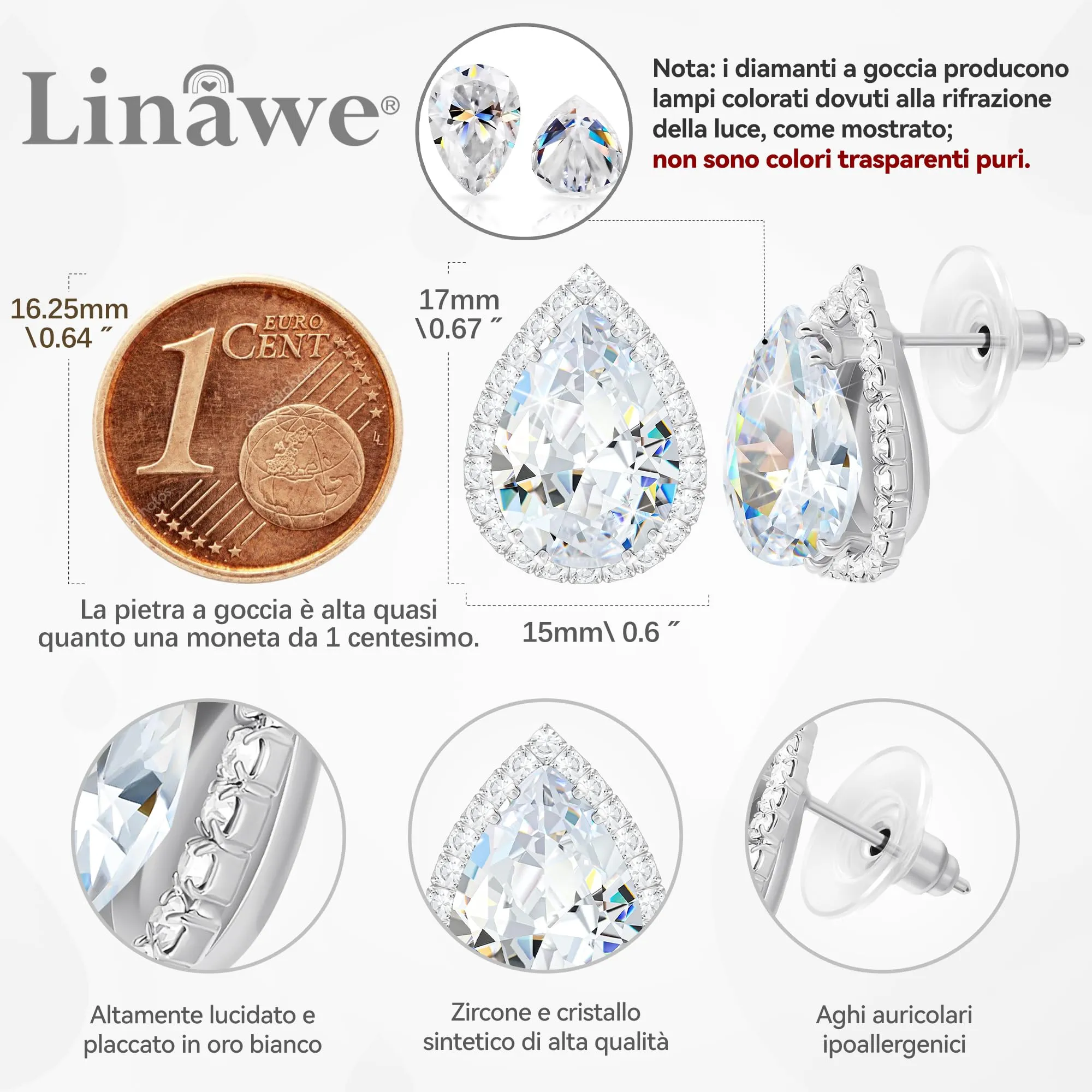 Linawe Orecchini in argento, orecchini a bottone con diamanti da donna, orecchini senza nichel, gioielli alla moda, orecchini, accessori da sposa - immagine 2