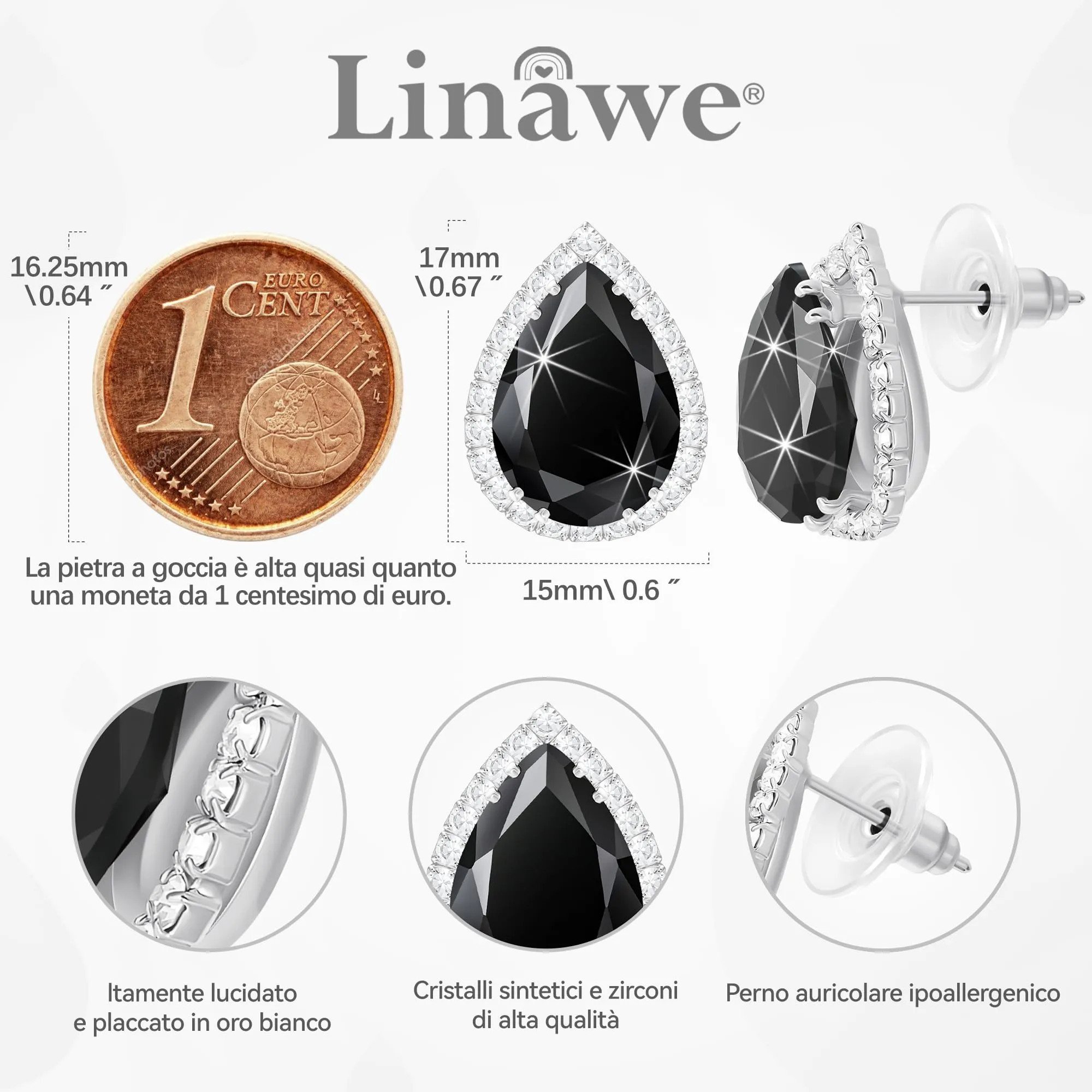 Linawe Orecchini da donna neri in argento, set di gioielli, gioielli alla moda, orecchini con diamanti, diamanti, gioielli in oro, ipoallergenici, senza nichel - immagine 2