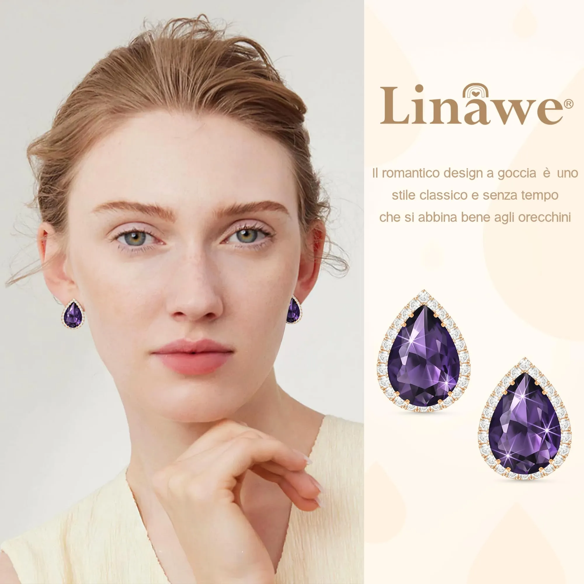Linawe Orecchini in oro rosa viola, accessori per orecchini da donna, set di gioielli ipoallergenici senza nichel, orecchini gioielli alla moda con diamanti - immagine 3