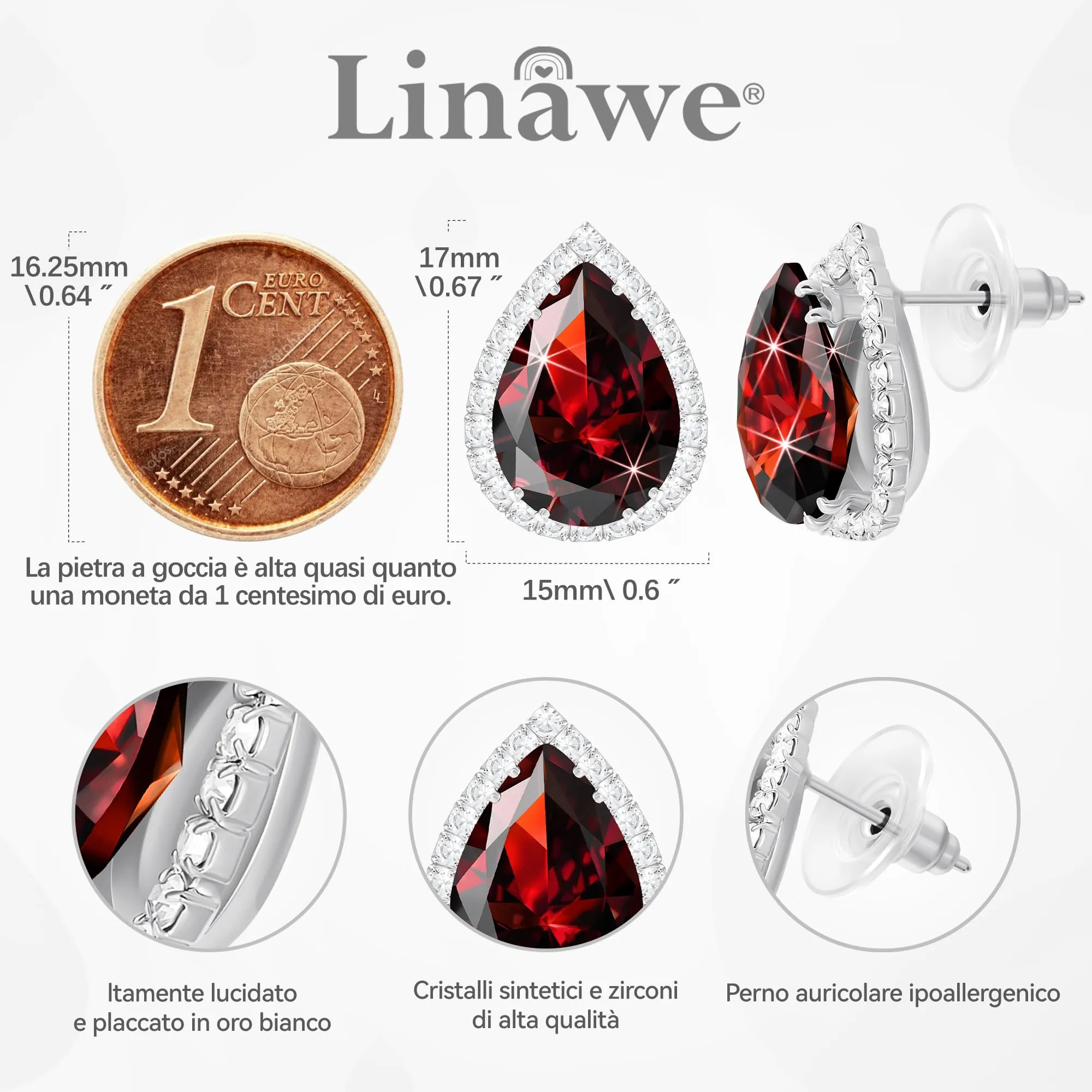 Linawe Orecchini a bottone in argento rosso da donna, Set di gioielli con orecchini, Orecchini di moda ipoallergenici senza nichel, Set di orecchini con diamanti - immagine 2