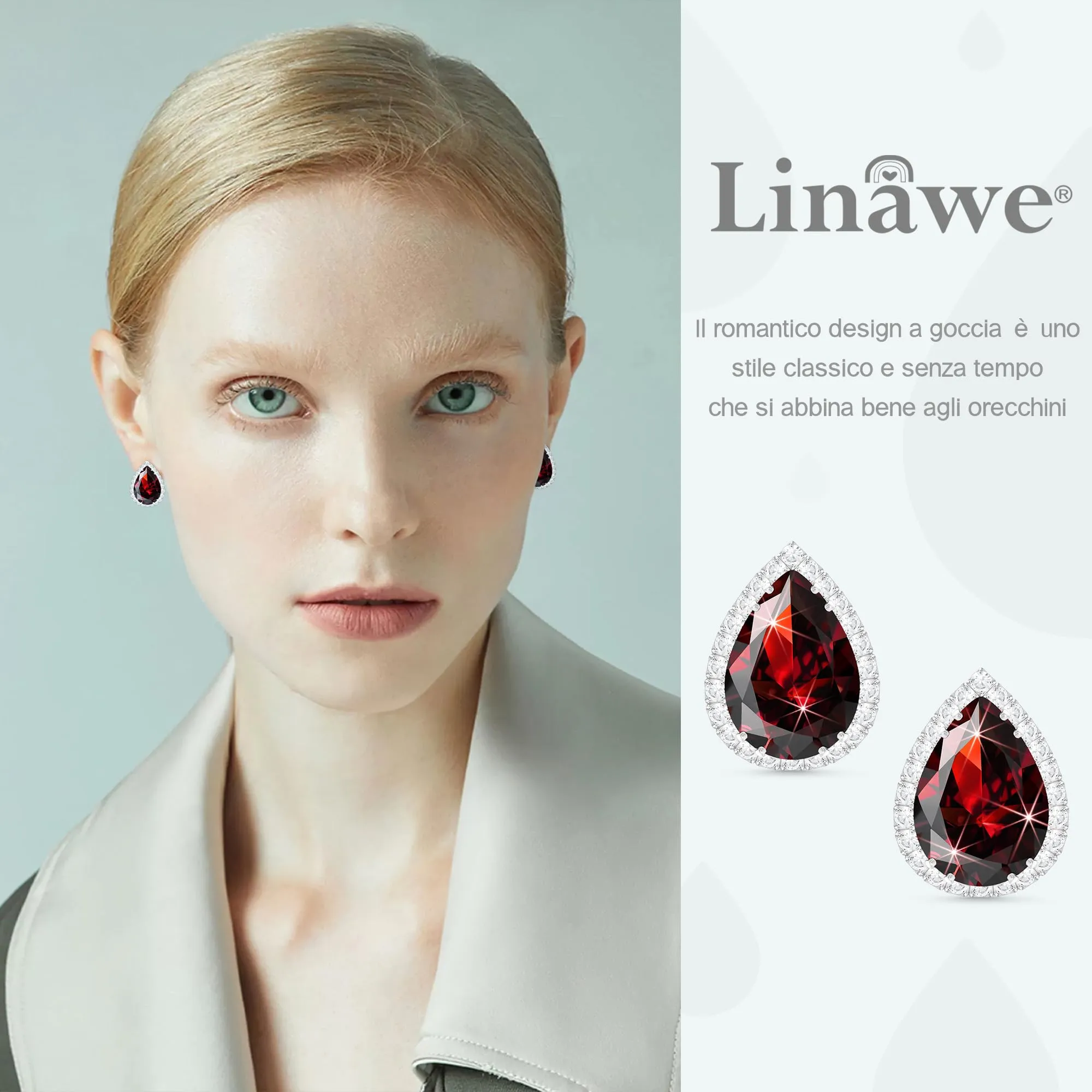 Linawe Orecchini a bottone in argento rosso da donna, Set di gioielli con orecchini, Orecchini di moda ipoallergenici senza nichel, Set di orecchini con diamanti - immagine 3