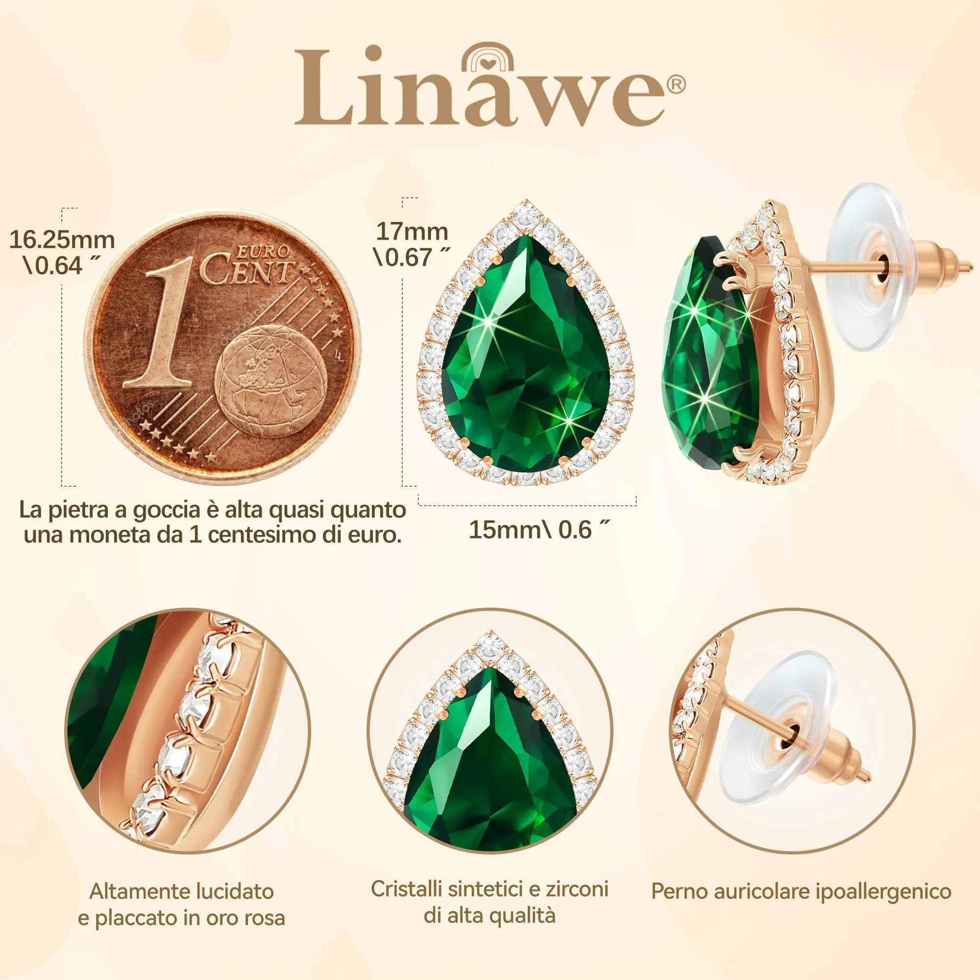 Linawe Orecchini a spina Linawe verde da donna, orecchini a bottone in oro rosa, orecchini con diamanti, gioielli alla moda ipoallergenici senza nichel - immagine 2