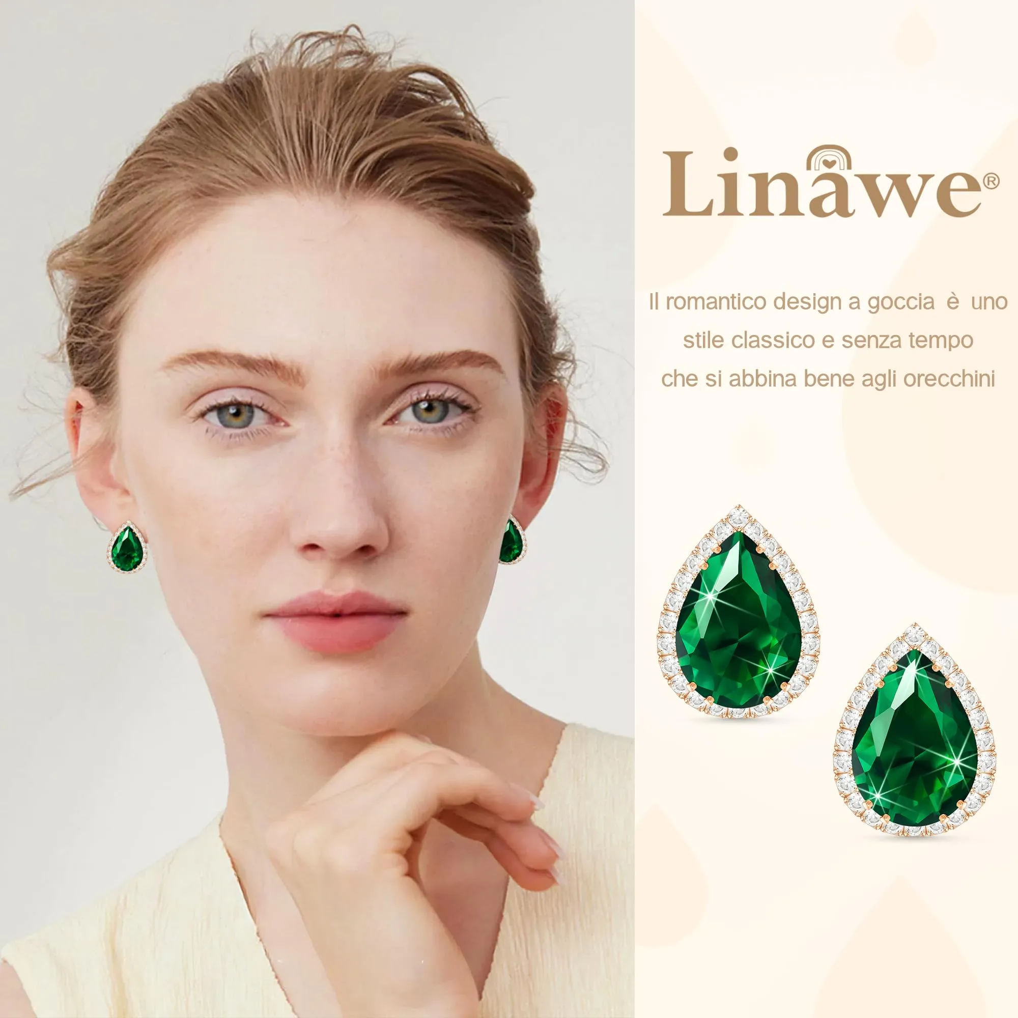 Linawe Orecchini a spina Linawe verde da donna, orecchini a bottone in oro rosa, orecchini con diamanti, gioielli alla moda ipoallergenici senza nichel - immagine 3
