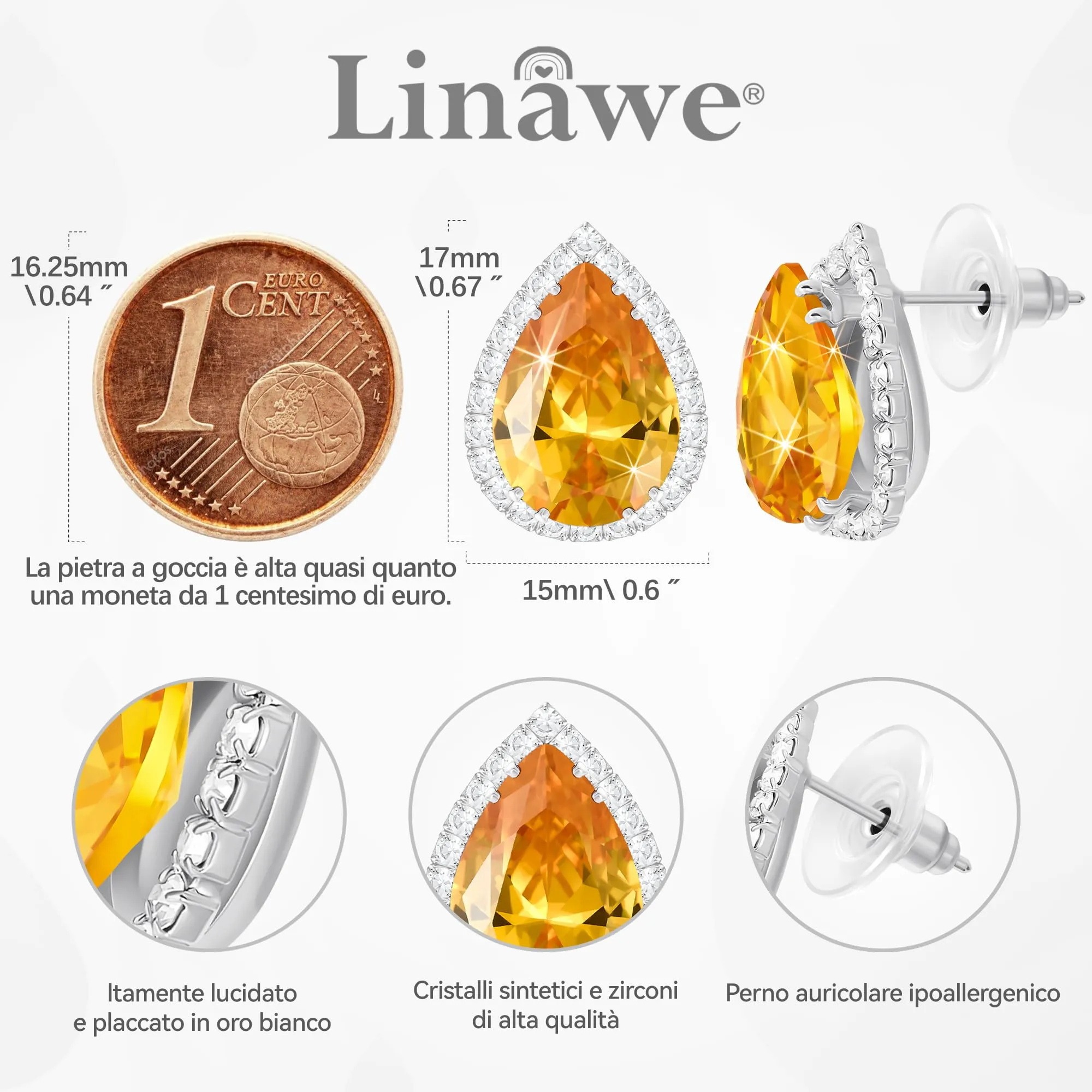 Linawe Accessori per orecchini in argento giallo Set di gioielli da donna Orecchini da sposa ipoallergenici con diamanti senza nichel Orecchini gioielli alla moda - immagine 2