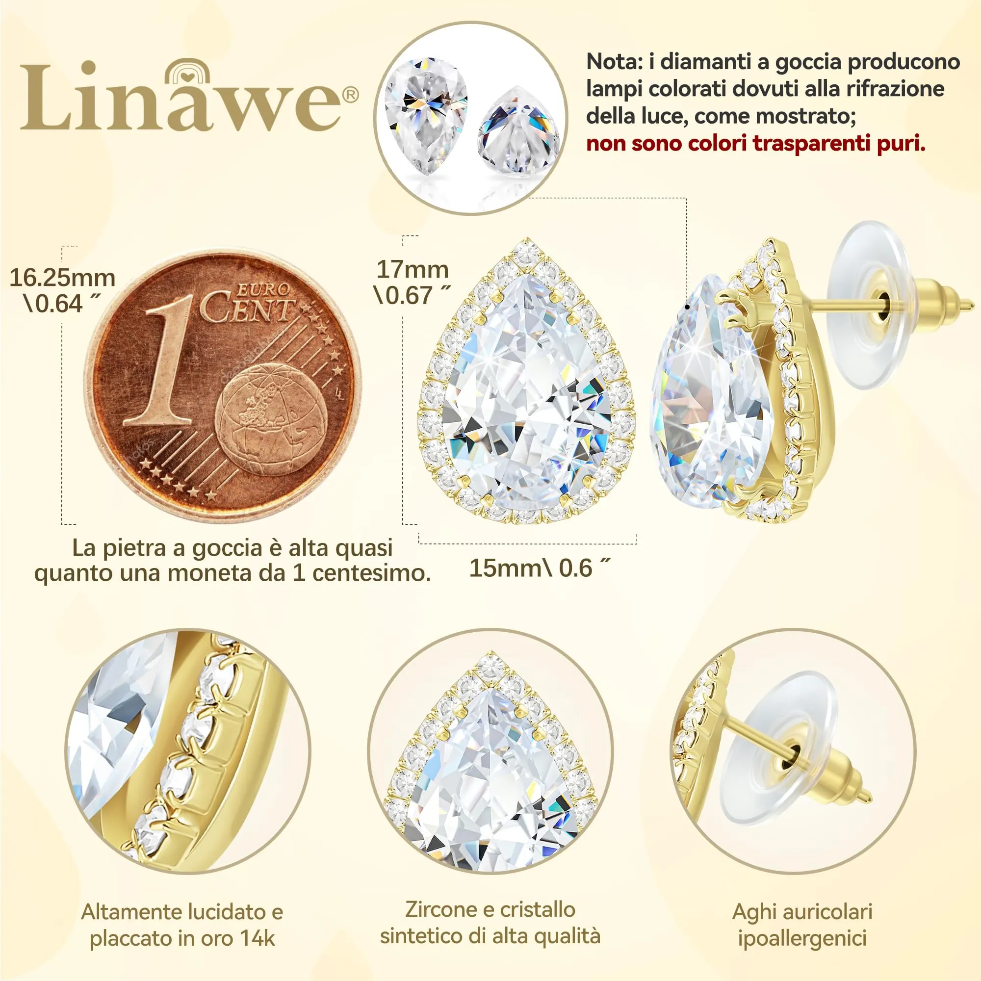 Linawe Orecchini a bottone in oro, orecchini in oro da donna, orecchini ipoallergenici, accessori da sposa senza nichel, set di gioielli alla moda con diamanti - immagine 2