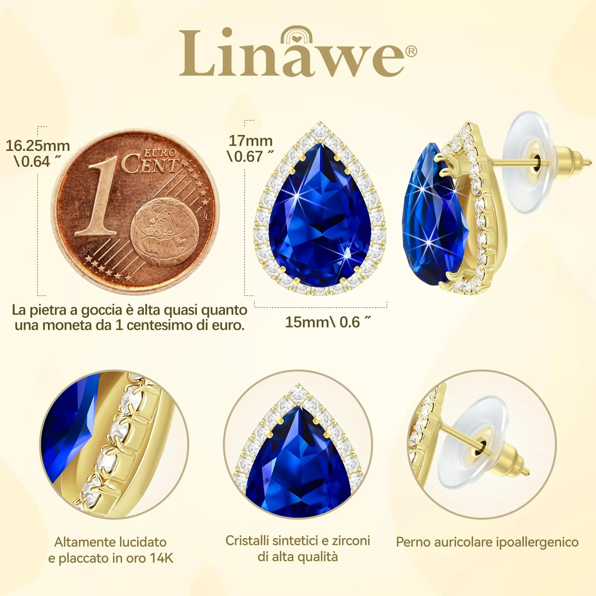Linawe Orecchini blu, orecchini a bottone in oro, da donna, set di gioielli in oro, orecchini da sposa, senza nichel, orecchini gioielli alla moda con diamanti - immagine 2