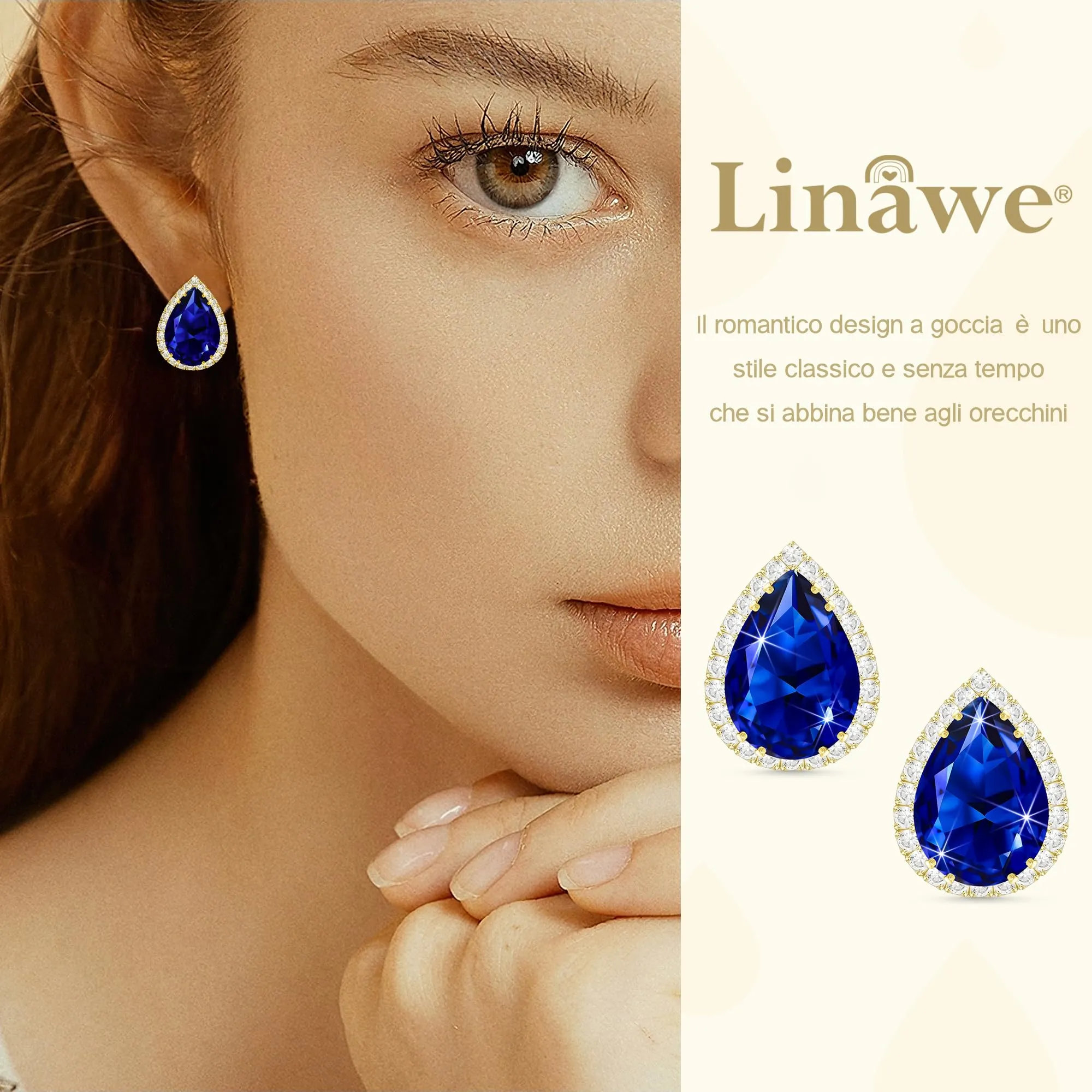 Linawe Orecchini blu, orecchini a bottone in oro, da donna, set di gioielli in oro, orecchini da sposa, senza nichel, orecchini gioielli alla moda con diamanti - immagine 3