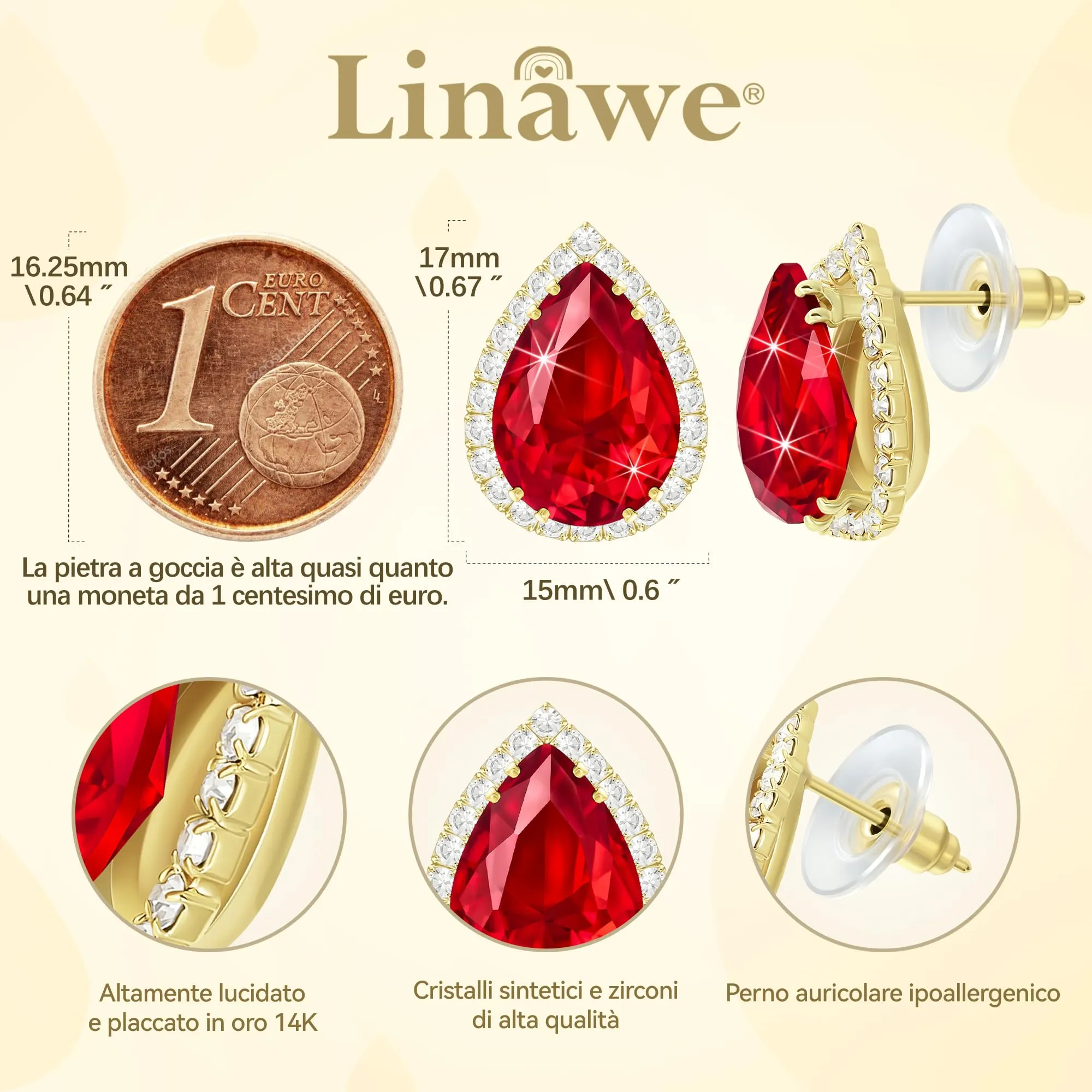 Linawe Orecchini a bottone rossi da donna, set di gioielli in oro con diamanti senza nichel ipoallergenico - immagine 2