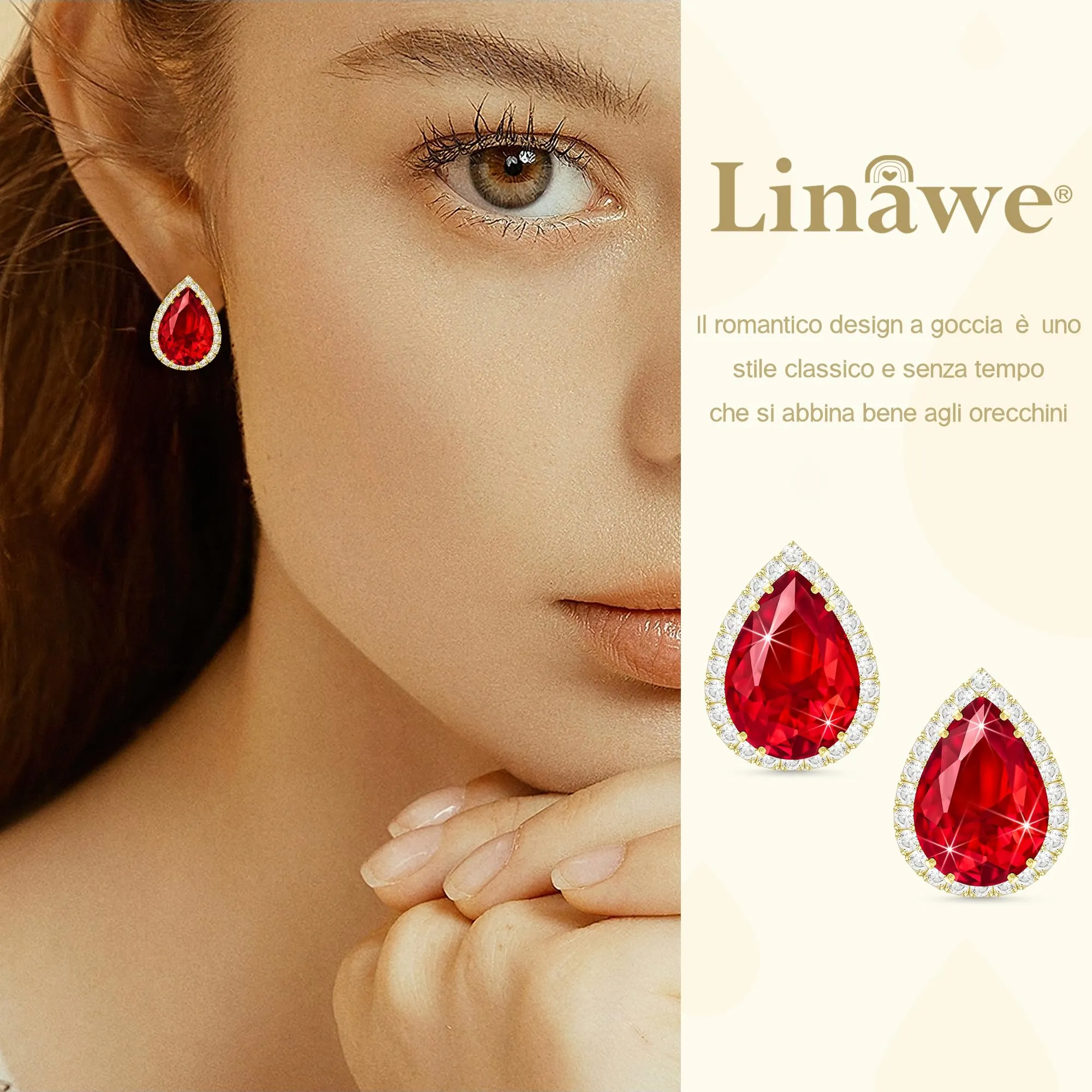 Linawe Orecchini a bottone rossi da donna, set di gioielli in oro con diamanti senza nichel ipoallergenico - immagine 3