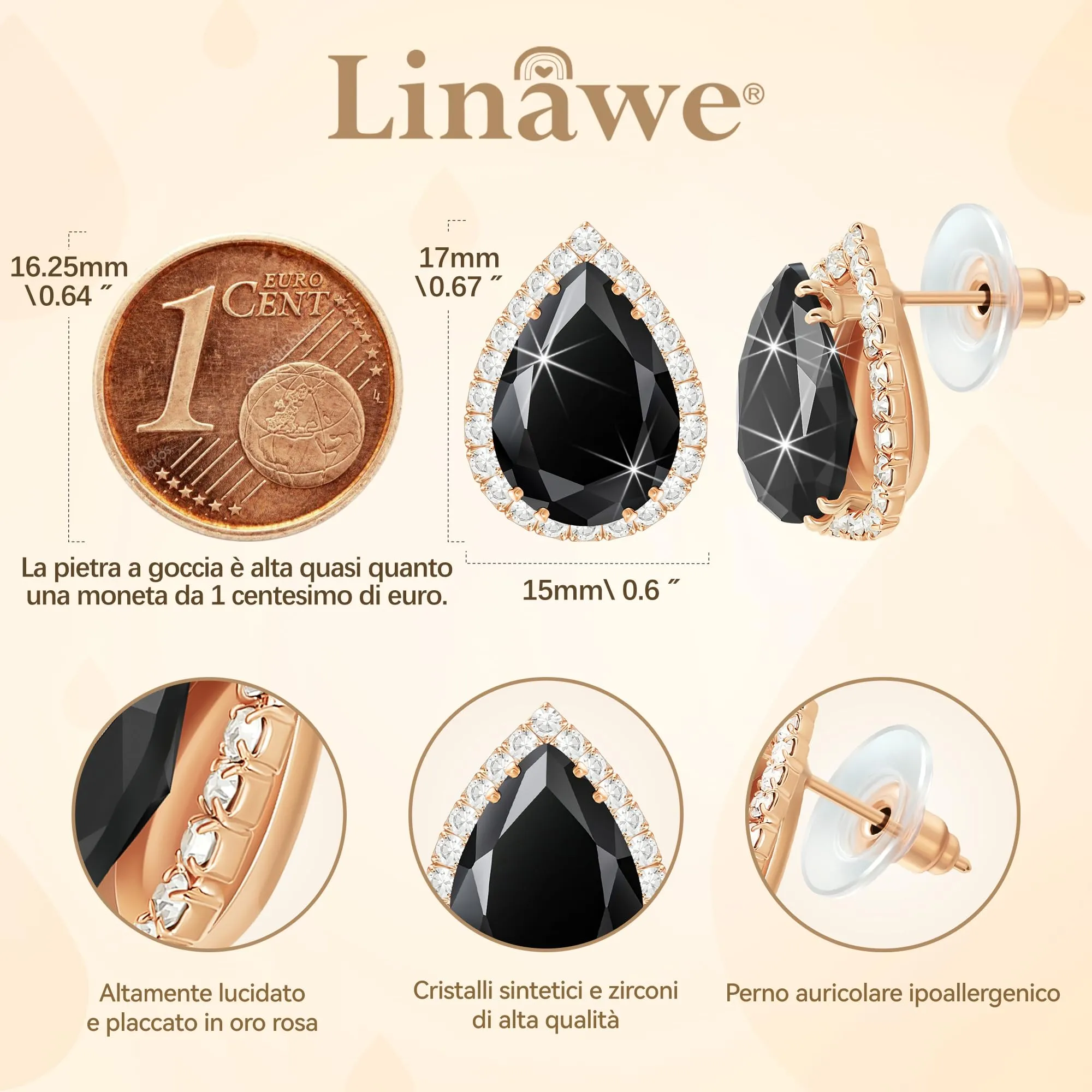 Linawe Orecchini neri da donna in oro rosa, orecchini a bottone, set di gioielli con diamanti, orecchini ipoallergenici, gioielli alla moda senza nichel - immagine 2