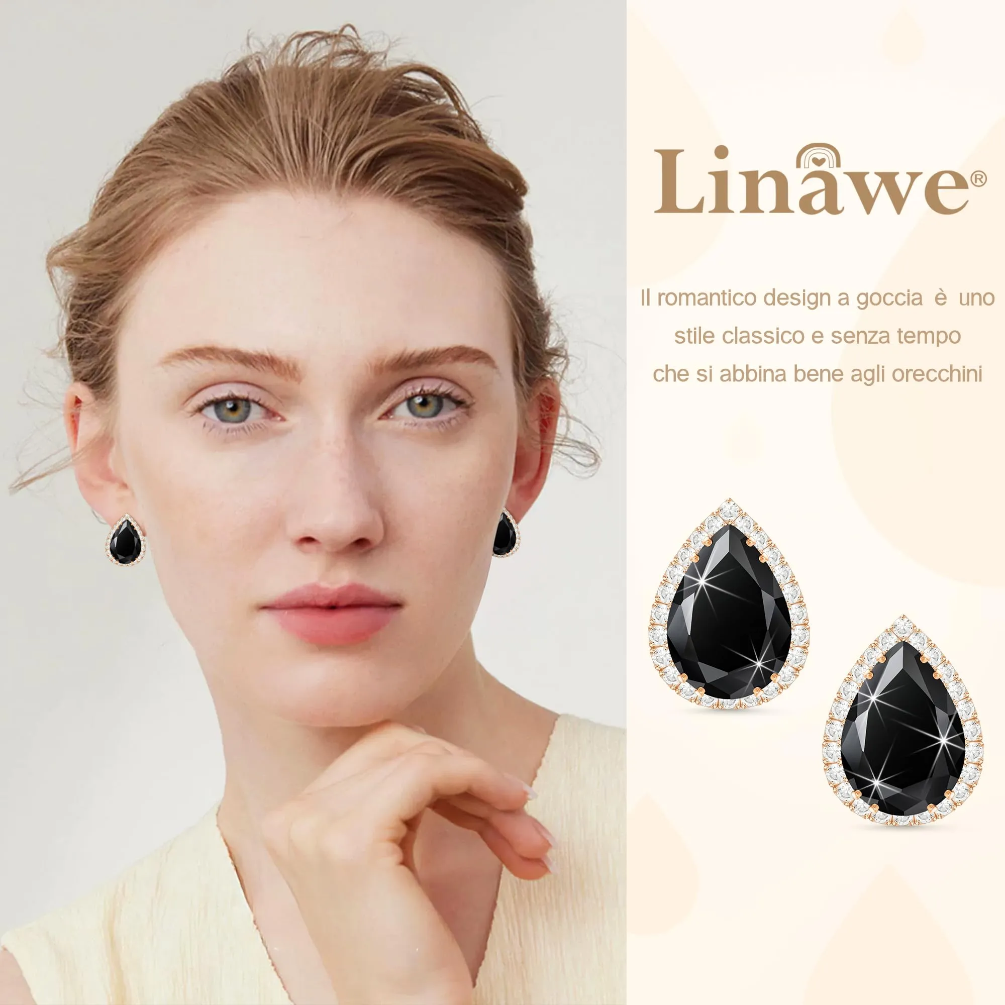 Linawe Orecchini neri da donna in oro rosa, orecchini a bottone, set di gioielli con diamanti, orecchini ipoallergenici, gioielli alla moda senza nichel - immagine 3