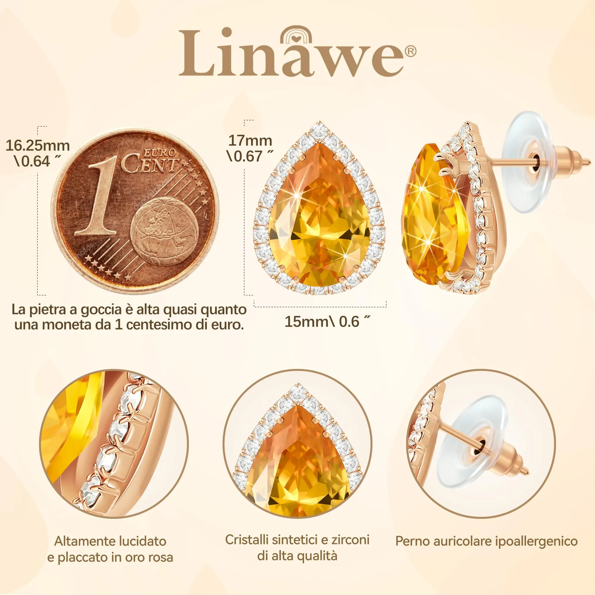 Linawe Orecchini in oro rosa giallo, set di gioielli a bottone, orecchini da donna, gioielli ipoallergenici, gioielli con diamanti, gioielli alla moda, orecchini senza nichel - immagine 2