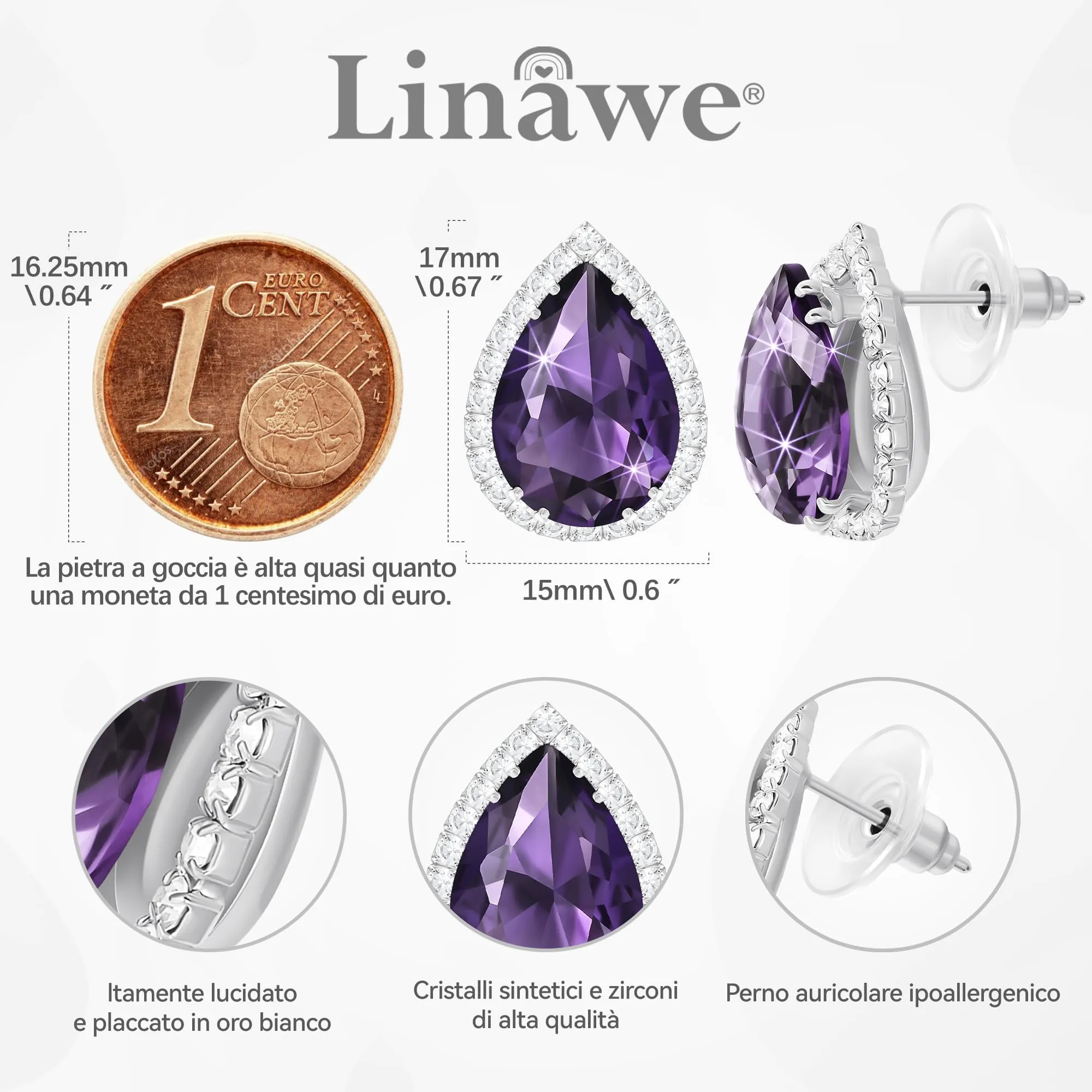 Linawe Orecchini a bottone da donna in argento, set di gioielli con diamanti viola, orecchini alla moda senza nichel, orecchini ipoallergenici - immagine 2