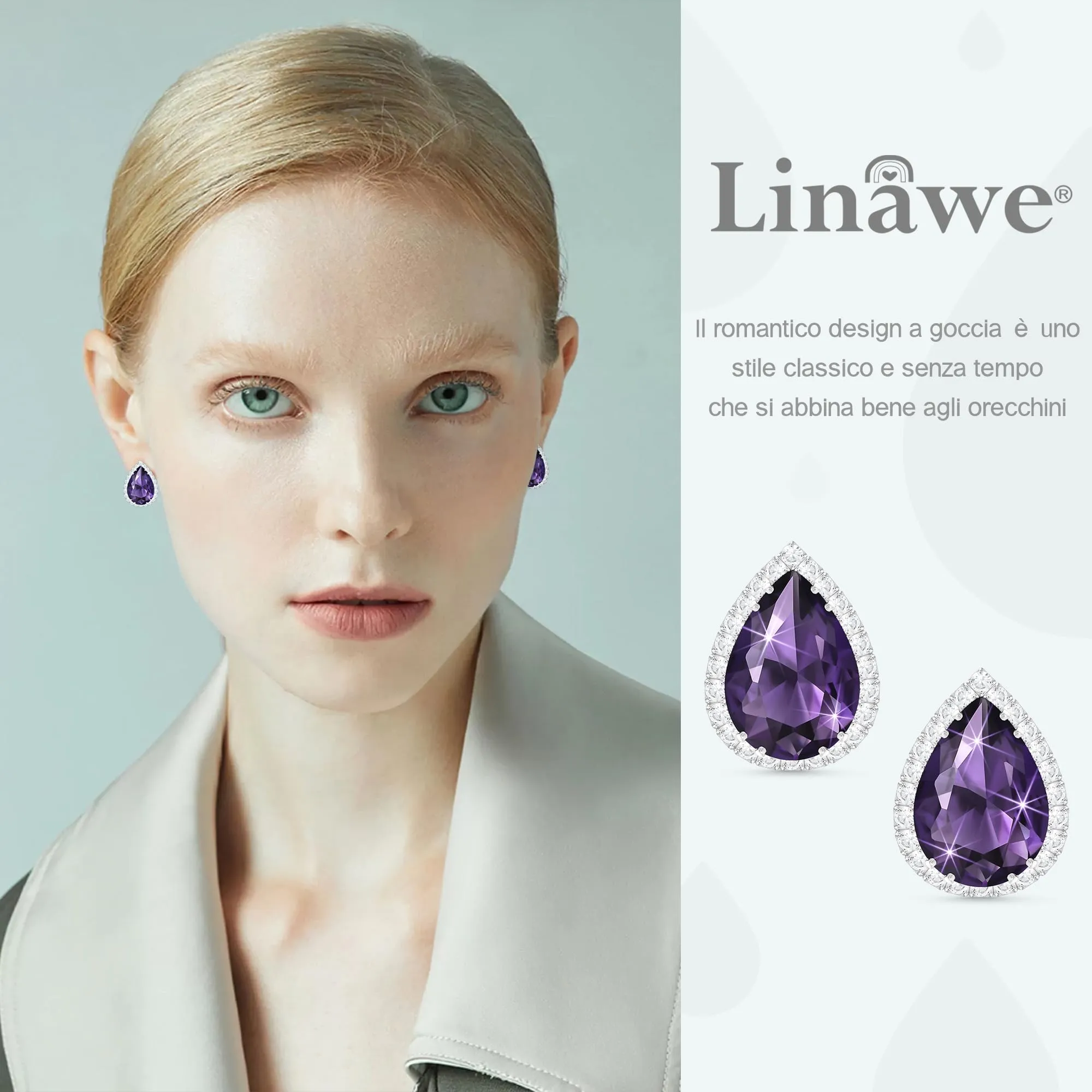 Linawe Orecchini a bottone da donna in argento, set di gioielli con diamanti viola, orecchini alla moda senza nichel, orecchini ipoallergenici - immagine 3