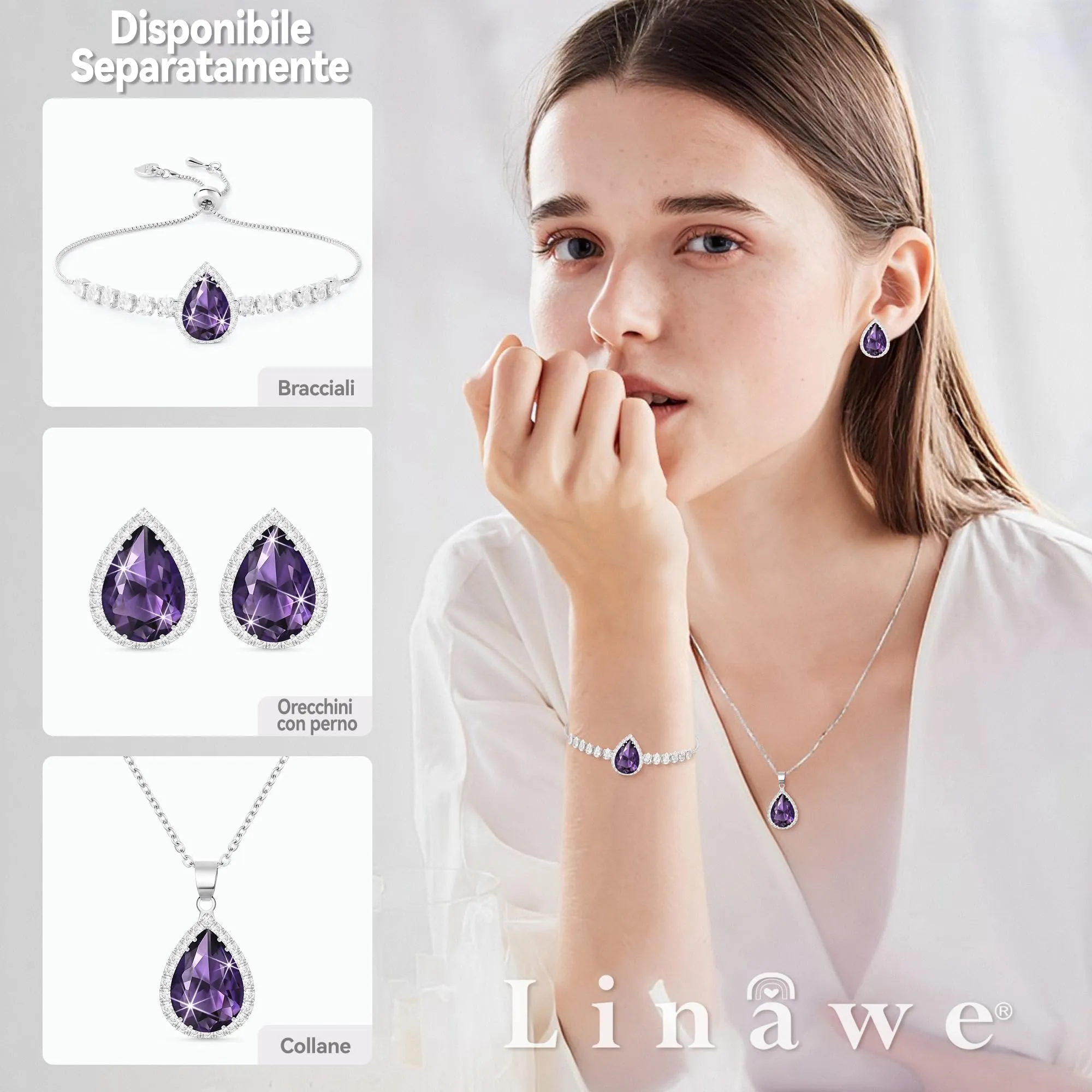 Linawe Orecchini a bottone da donna in argento, set di gioielli con diamanti viola, orecchini alla moda senza nichel, orecchini ipoallergenici - immagine 4