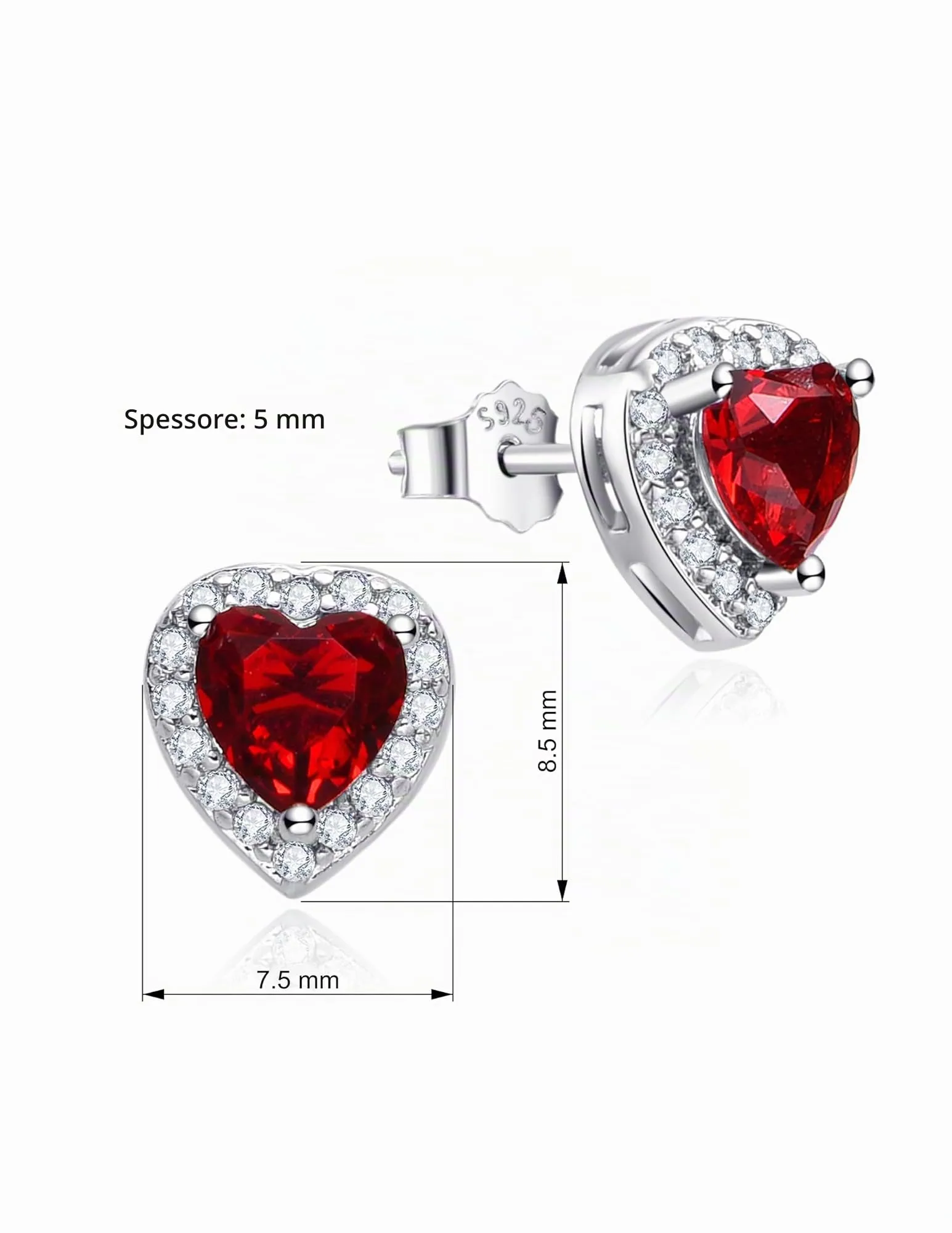 Dada Gioielli - Orecchini Argento 925 Cuore 8mm Punto Luce Con Zirconi Brillanti (Rosso Rubino) - immagine 5