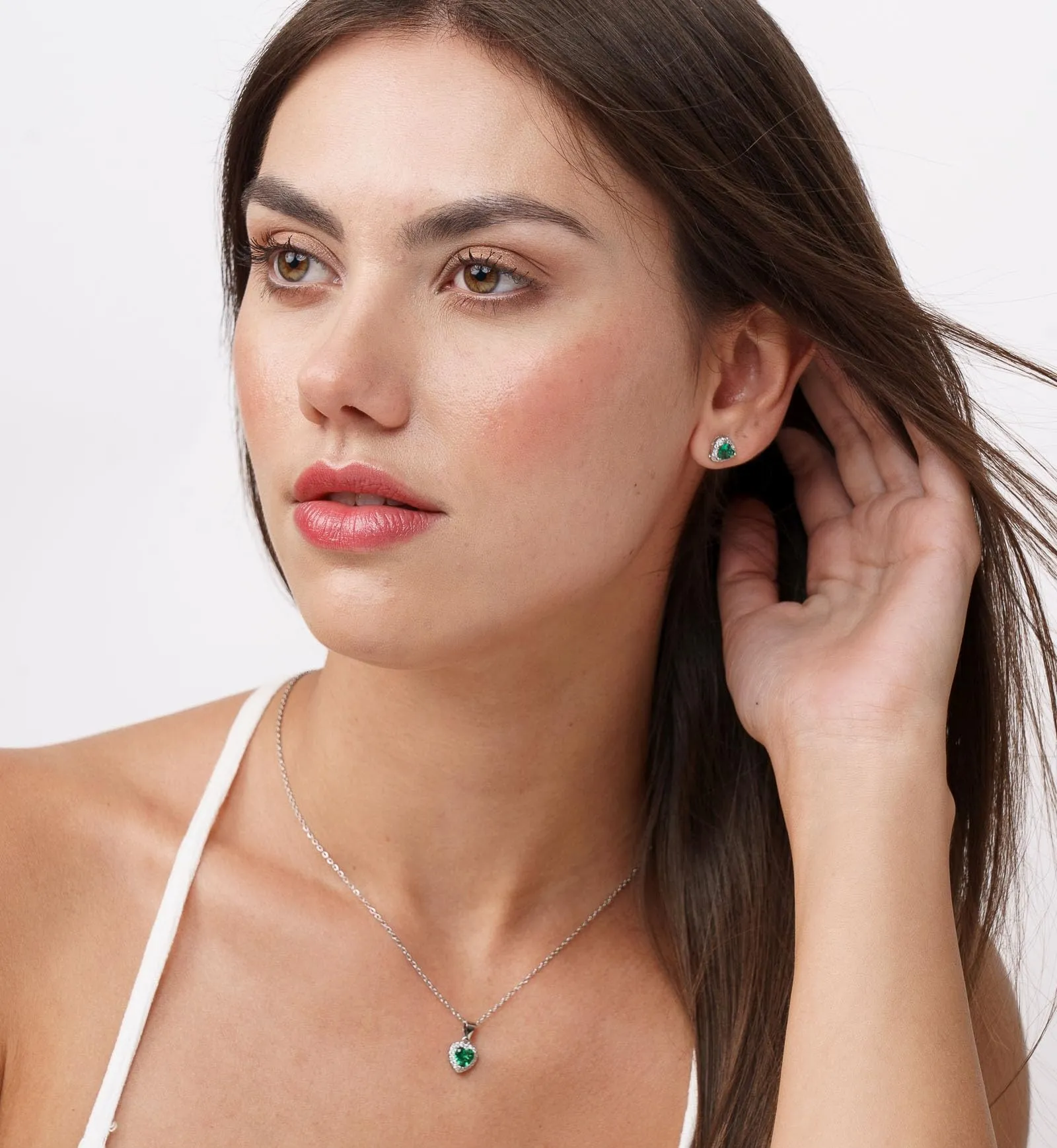 Dada Gioielli - Orecchini Argento 925 Cuore 8mm Punto Luce Con Zirconi Brillanti (Verde Smeraldo) - immagine 2