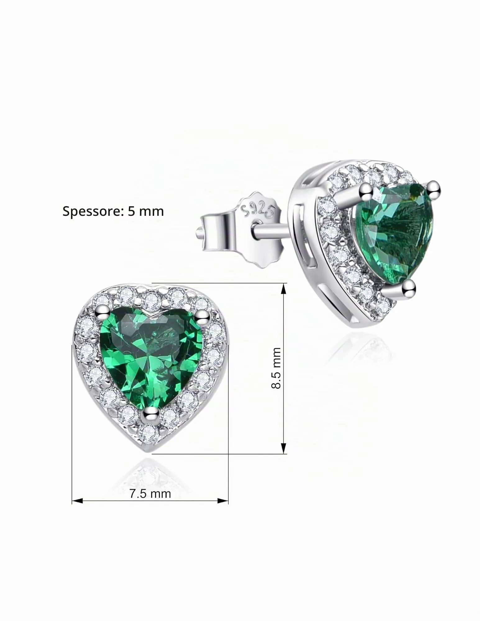 Dada Gioielli - Orecchini Argento 925 Cuore 8mm Punto Luce Con Zirconi Brillanti (Verde Smeraldo) - immagine 5