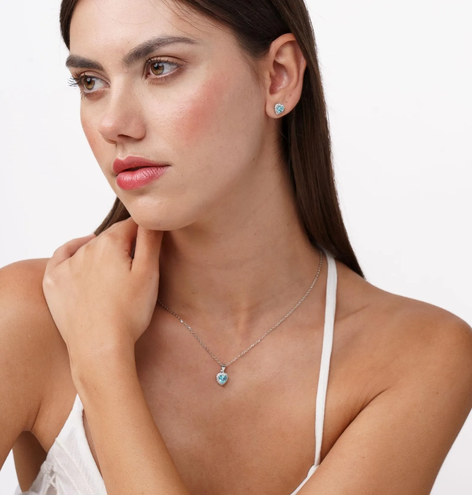 Dada Gioielli - Orecchini Argento 925 Cuore 8mm Punto Luce Con Zirconi Brillanti (Azzurro Acquamarina) - immagine 2