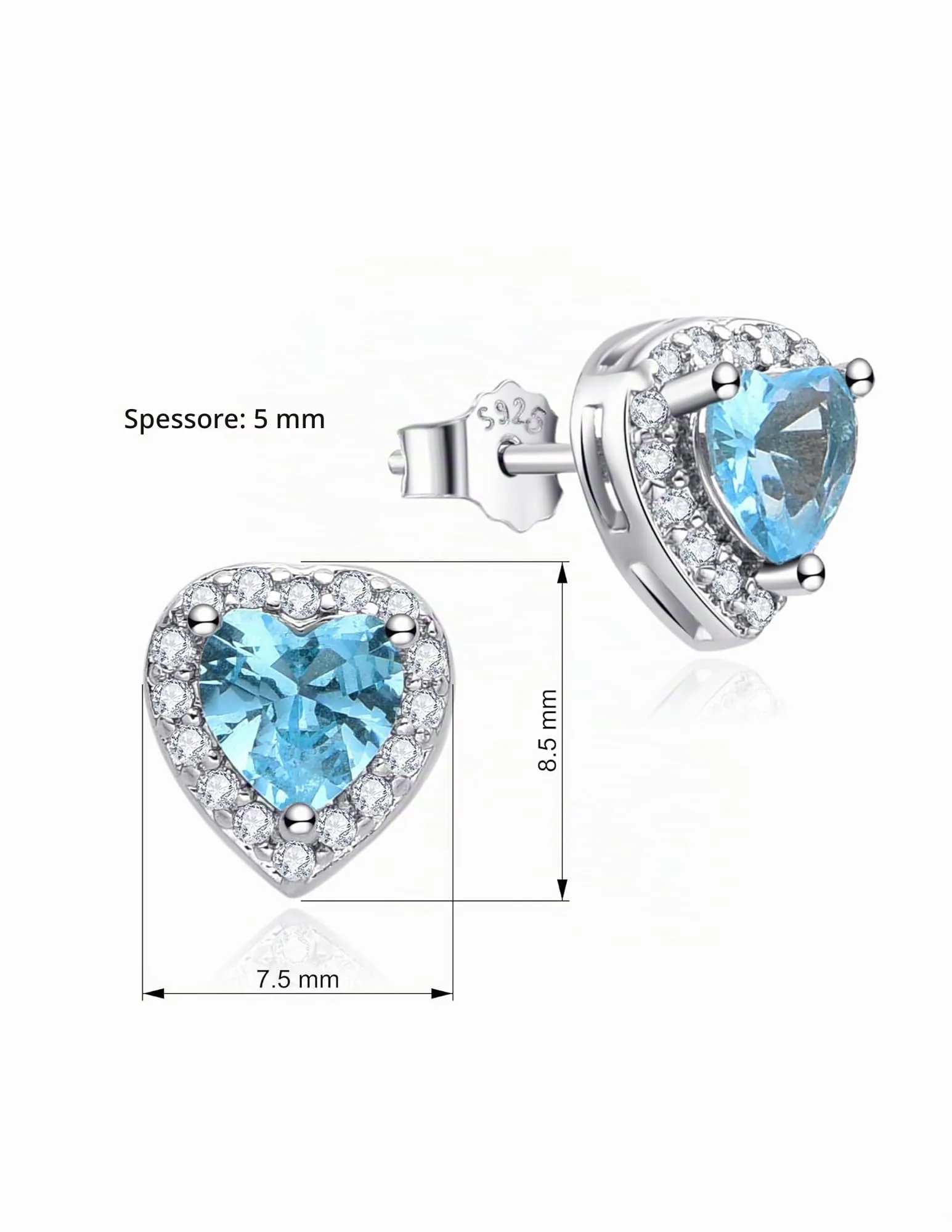 Dada Gioielli - Orecchini Argento 925 Cuore 8mm Punto Luce Con Zirconi Brillanti (Azzurro Acquamarina) - immagine 6