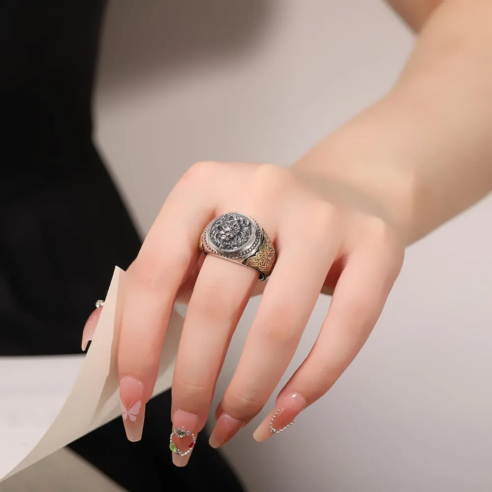 IMINI Anello aperto vintage con testa di leone, regolabile, in rame, punk, gotico, cool rock, amuleto, gioiello per uomini e donne, fasce impilabili uniche per compleanni e regali di laurea, Metallo - immagine 3