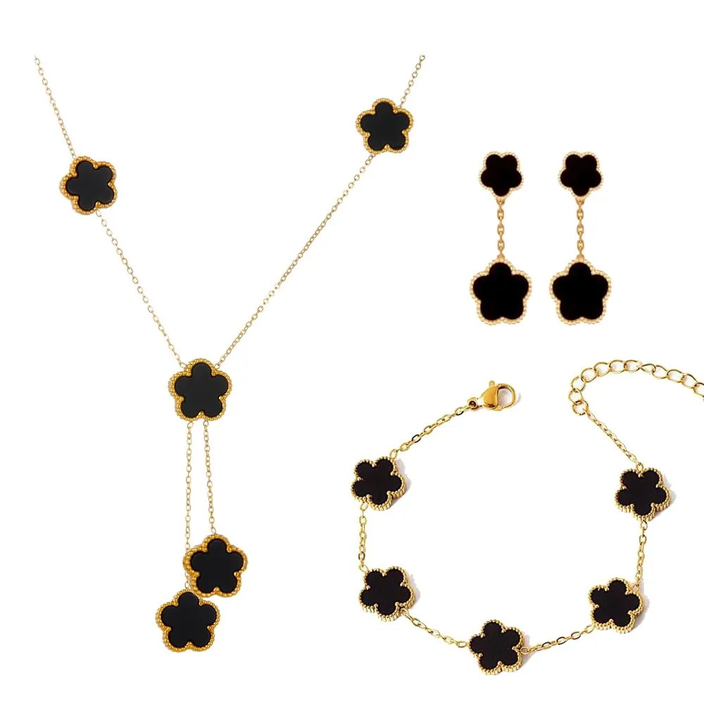 XFSRG Set Di Gioielli Con Quadrifogli Fortunato Delicato Gioielli 18k Placcato Oro Collana Orecchini Bracciali Per Mamma Moglie Fidanzata Donna Ragazze(Nero) - immagine 1