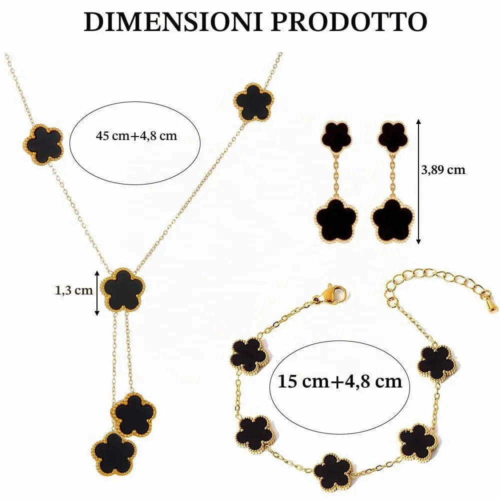 XFSRG Set Di Gioielli Con Quadrifogli Fortunato Delicato Gioielli 18k Placcato Oro Collana Orecchini Bracciali Per Mamma Moglie Fidanzata Donna Ragazze(Nero) - immagine 2