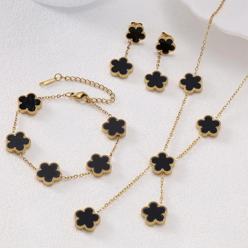 XFSRG Set Di Gioielli Con Quadrifogli Fortunato Delicato Gioielli 18k Placcato Oro Collana Orecchini Bracciali Per Mamma Moglie Fidanzata Donna Ragazze(Nero) - immagine 3